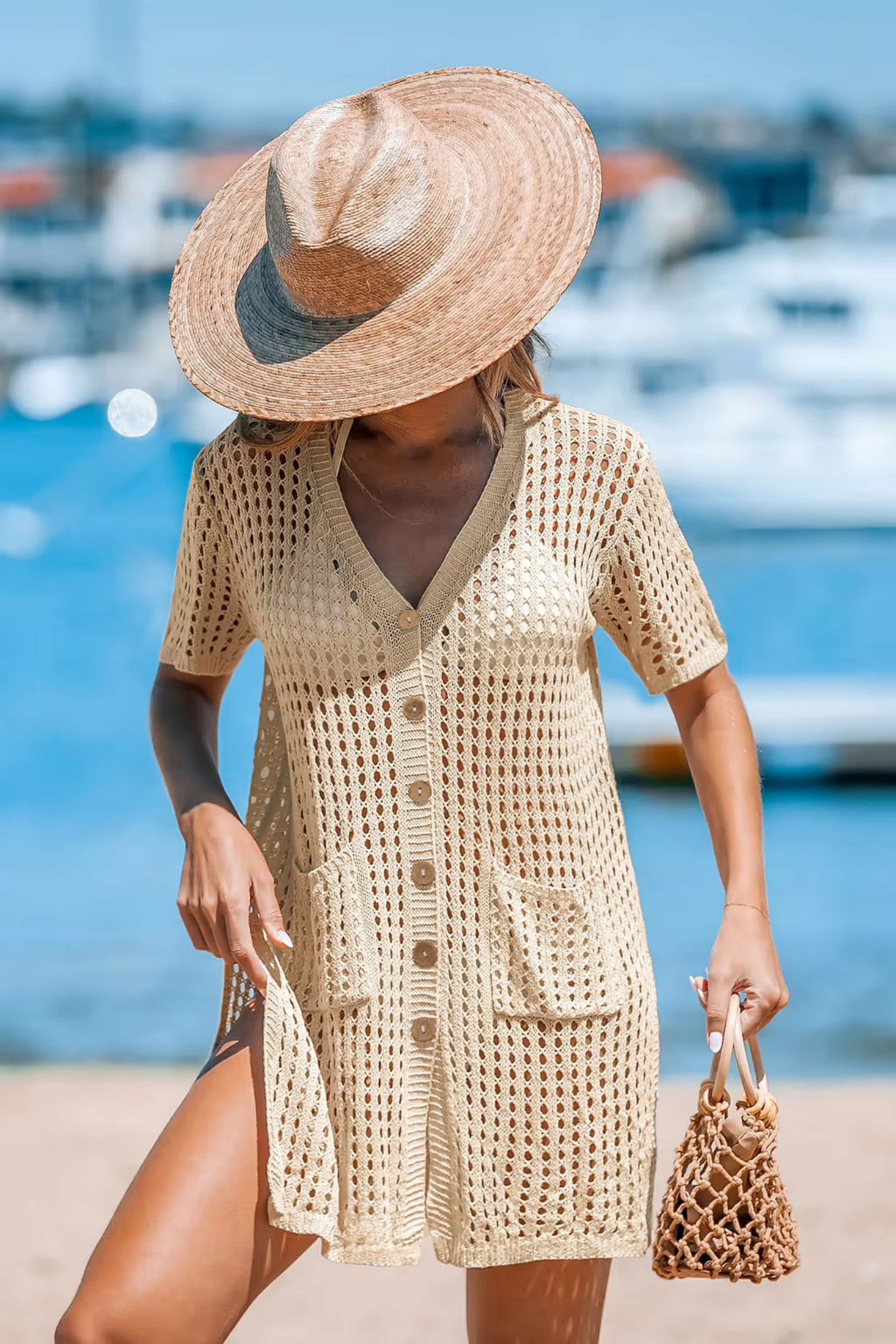 V Neck Crochet Beach Cover Up Dress Button Up Knit Swimwear 0