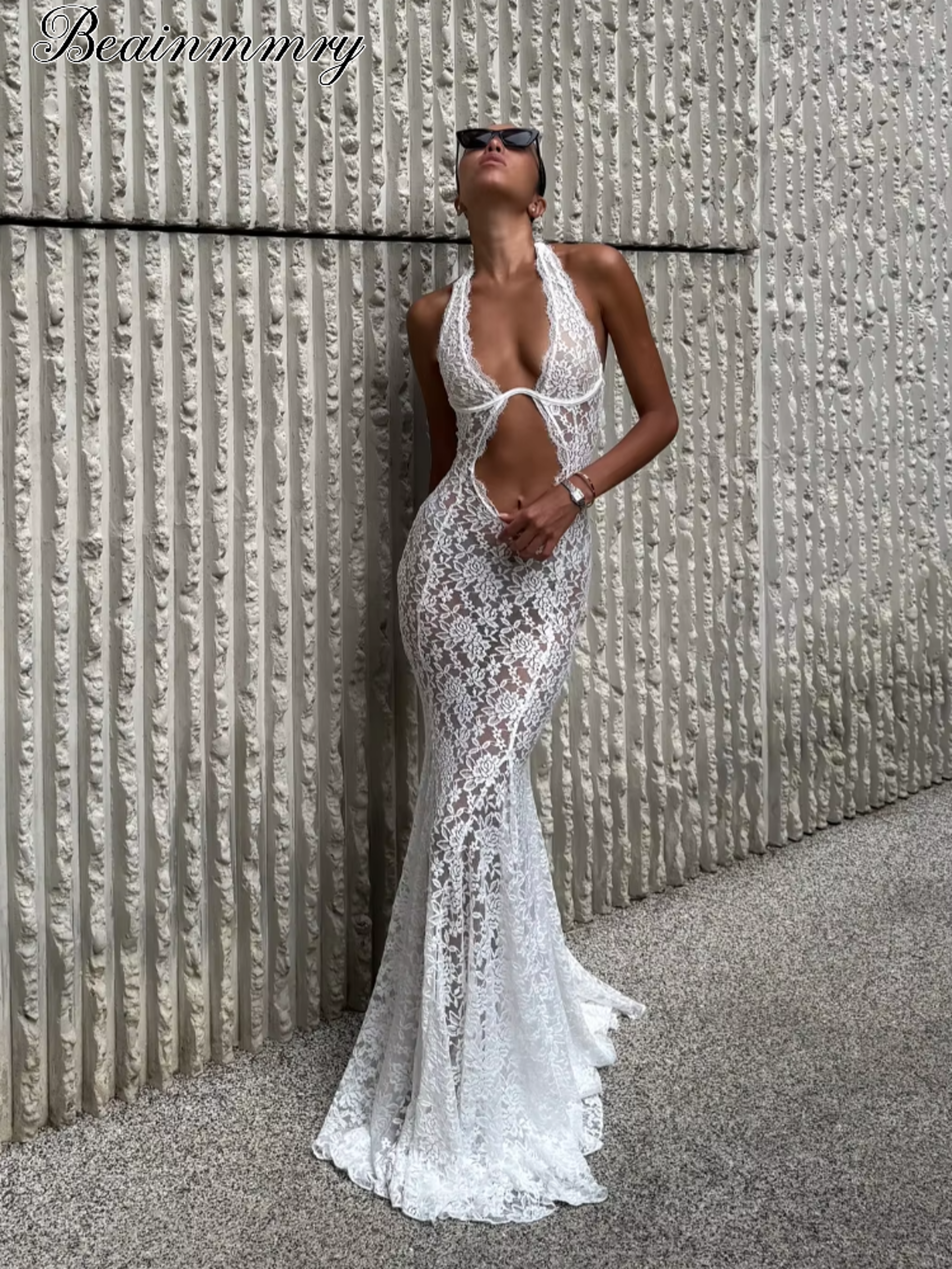 Aura White Lace Halter Maxi Dress  Elegant Backless Beach Vacation Gown 1