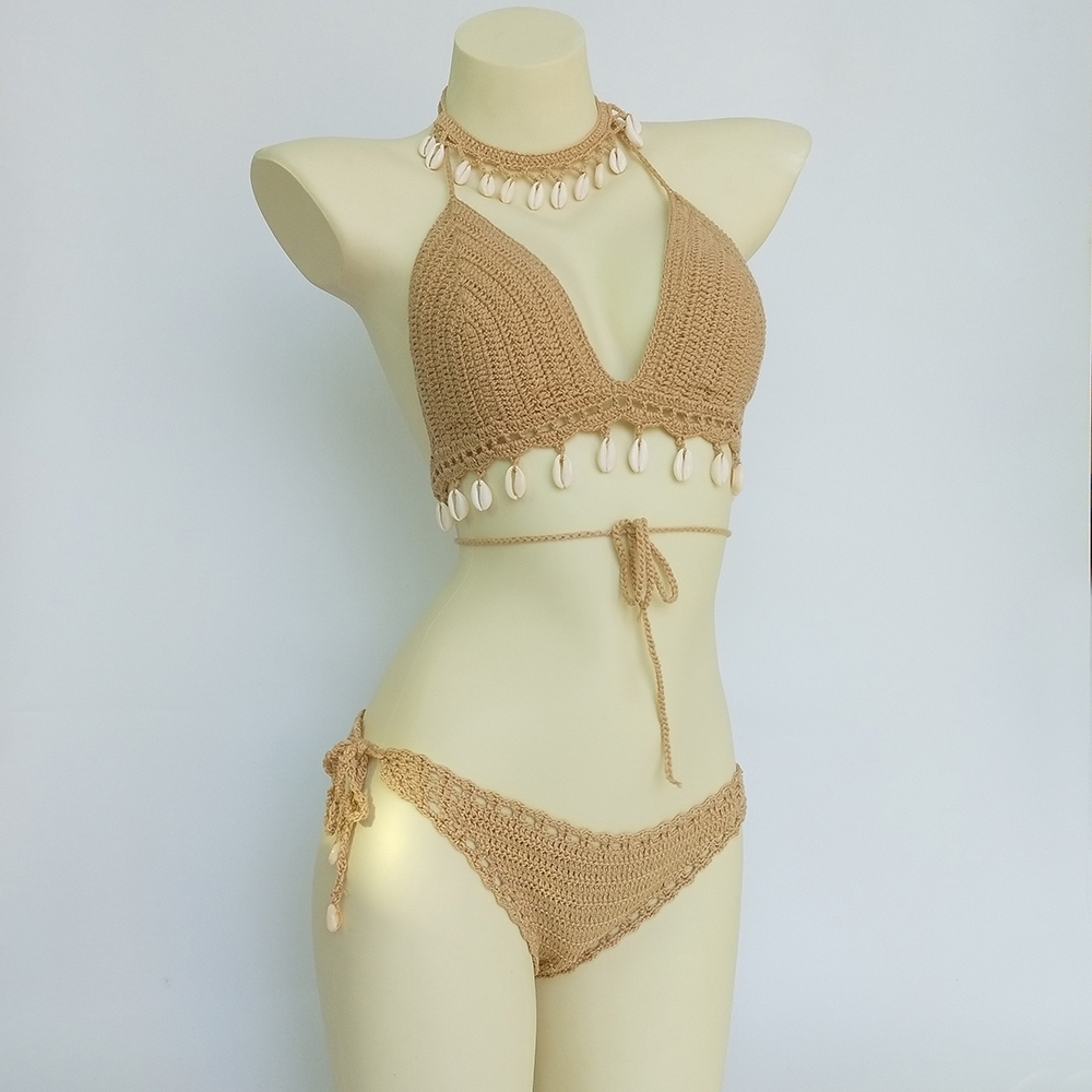 Boho Crochet Shell Tassel Bikini Set With Seashell Ankle Chain 0