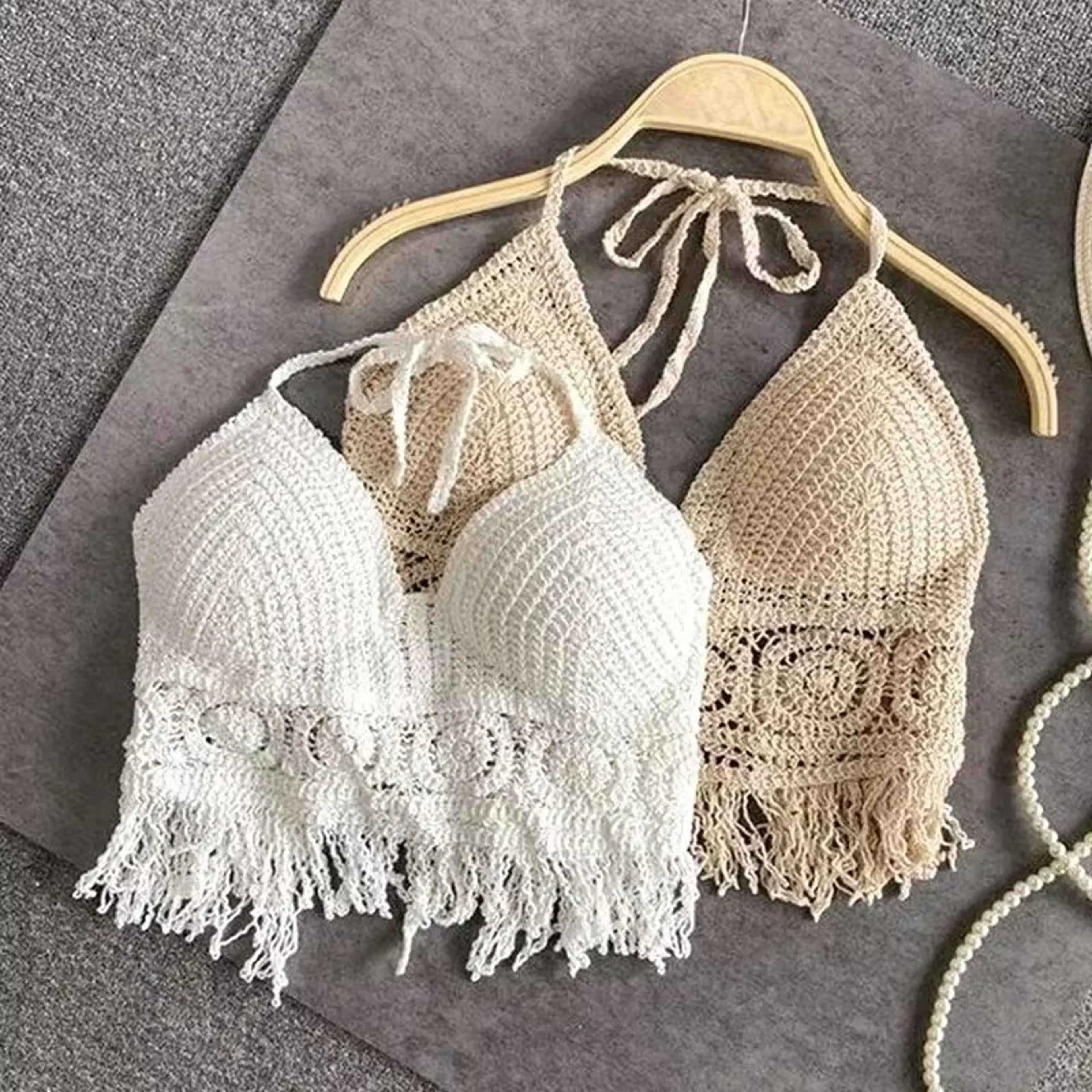 Boho Crochet Halter Crop Top  Fringe Backless Beach Camisole 0