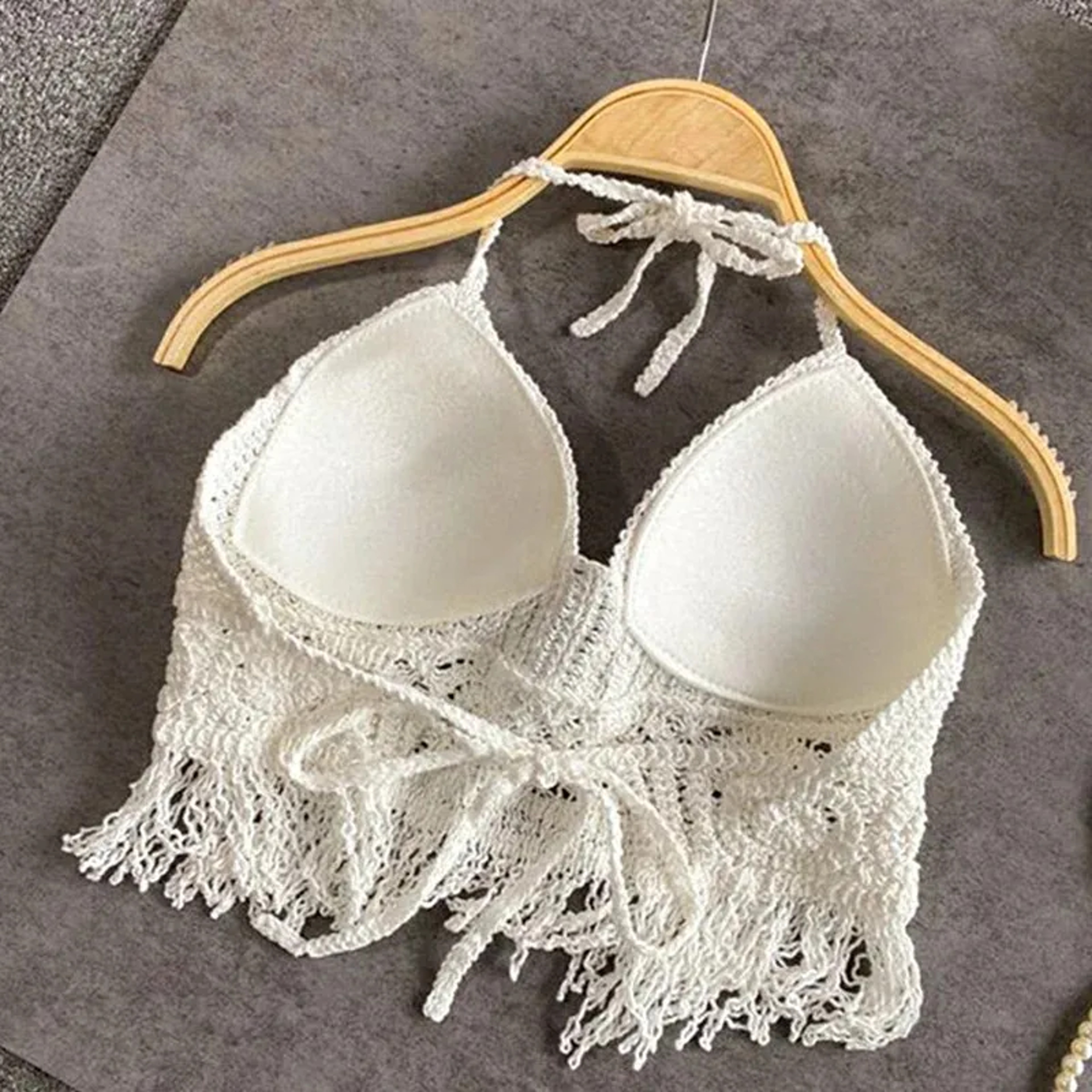 Boho Crochet Halter Crop Top  Fringe Backless Beach Camisole 1