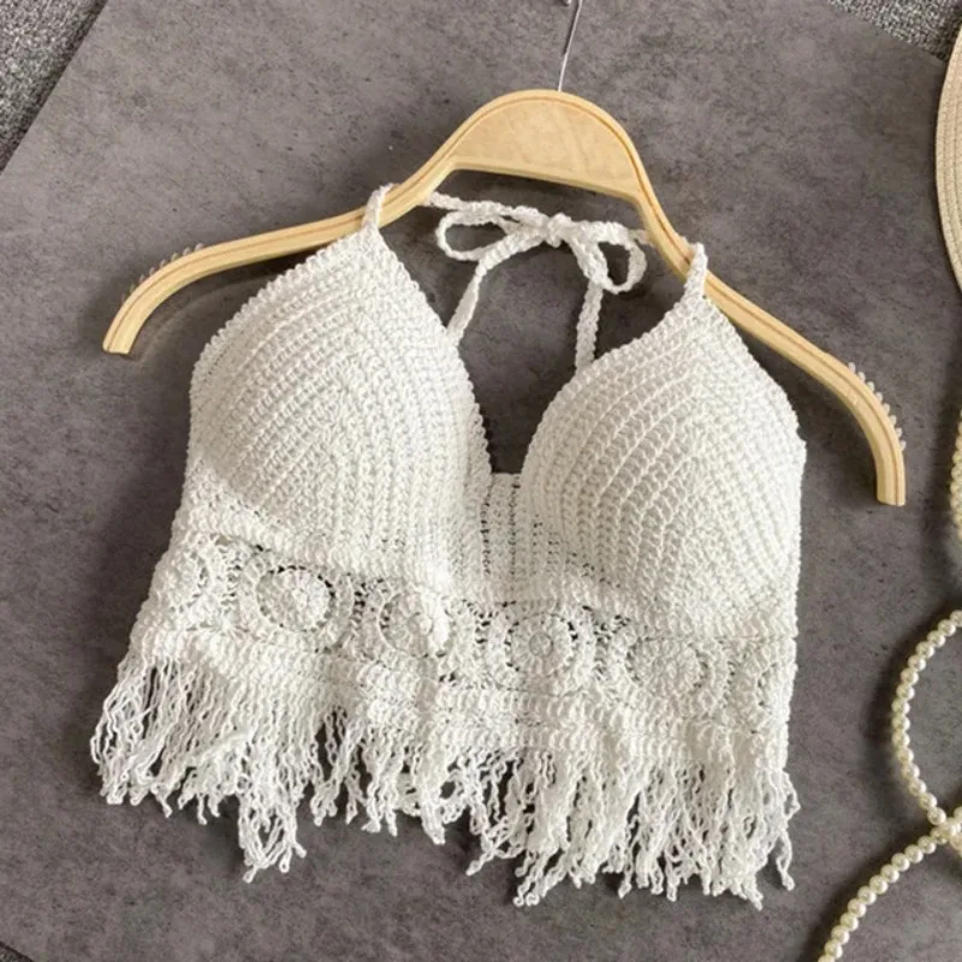 Boho Crochet Halter Crop Top  Fringe Backless Beach Camisole 4