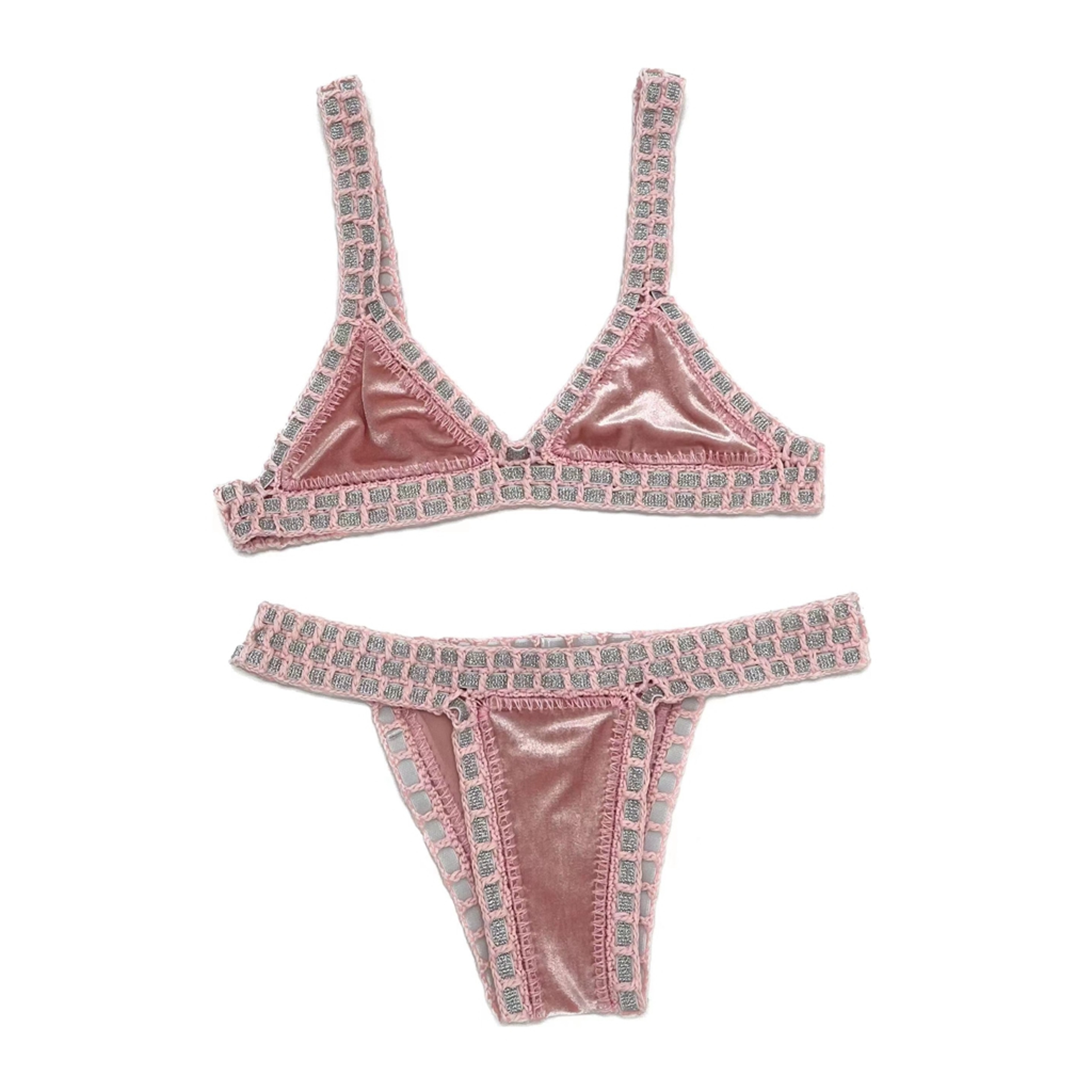 Luxury Velvet Crochet Bikini Set  Handmade Triangle Bathing Suit 5