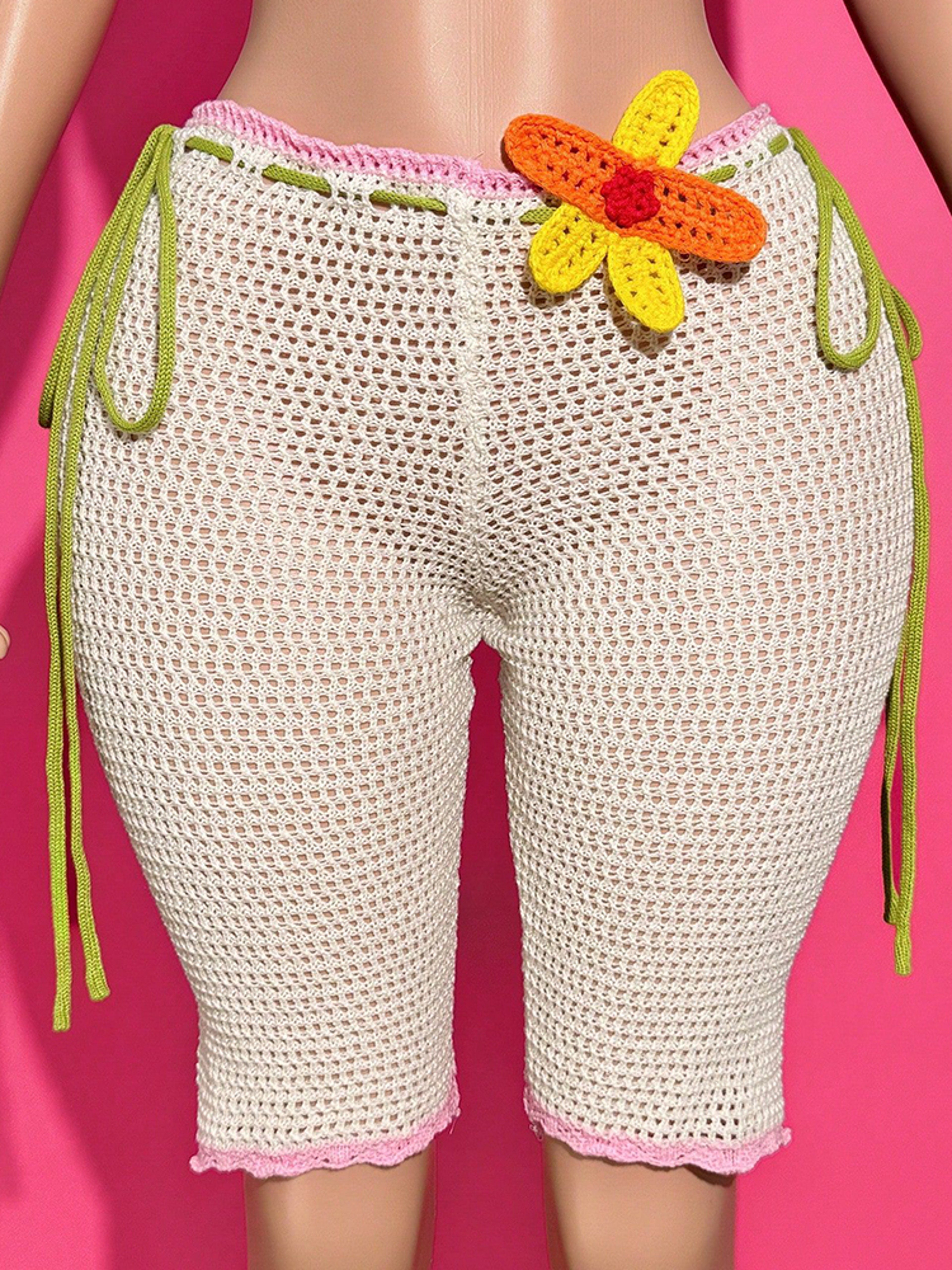 Crochet Knit Floral Beach Shorts High-Waist Color-Block Wide-Leg Shorts – view 5