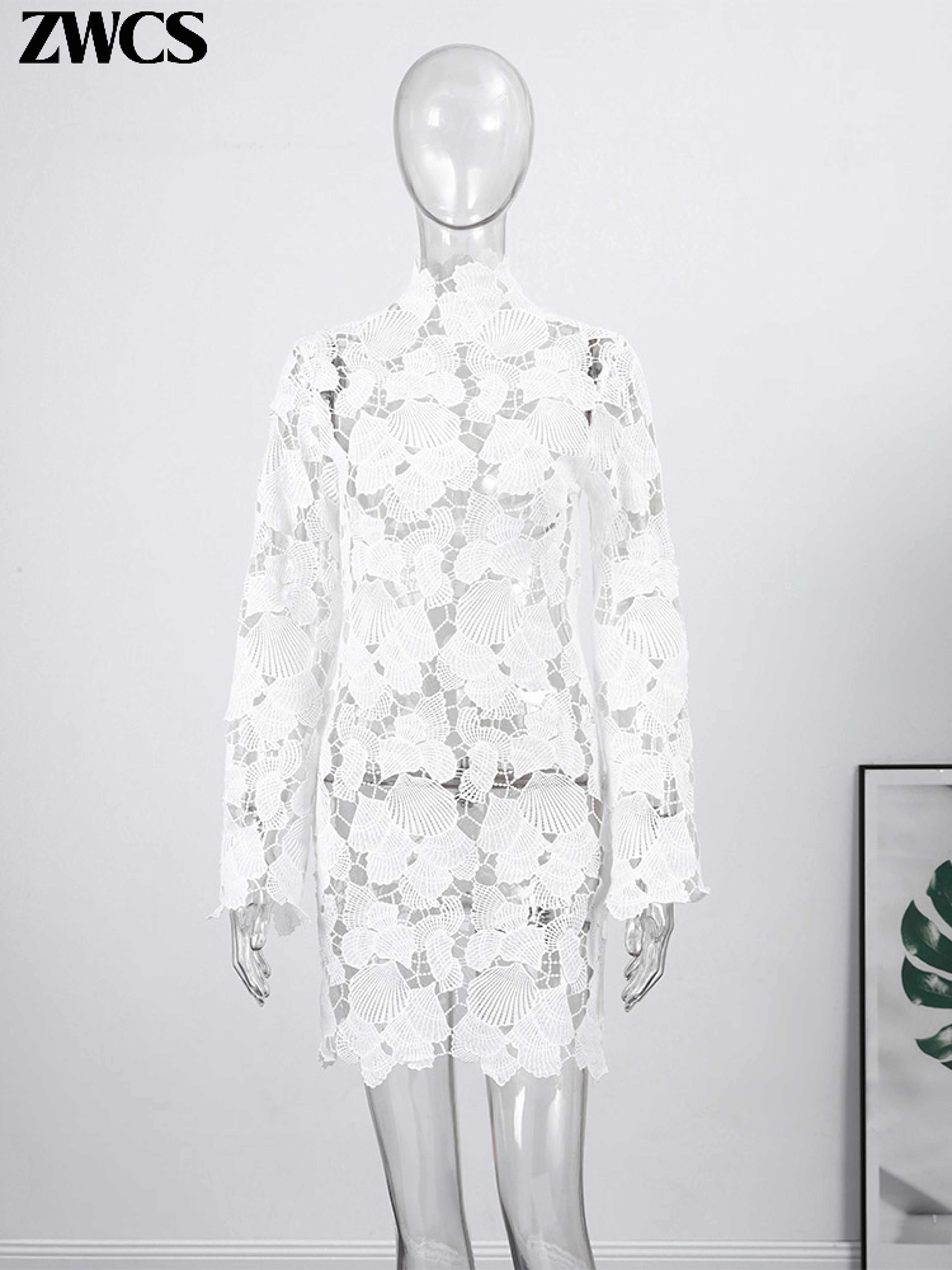 Ethereal Muse White Crochet Irregular Hem Mini Dress – view 6