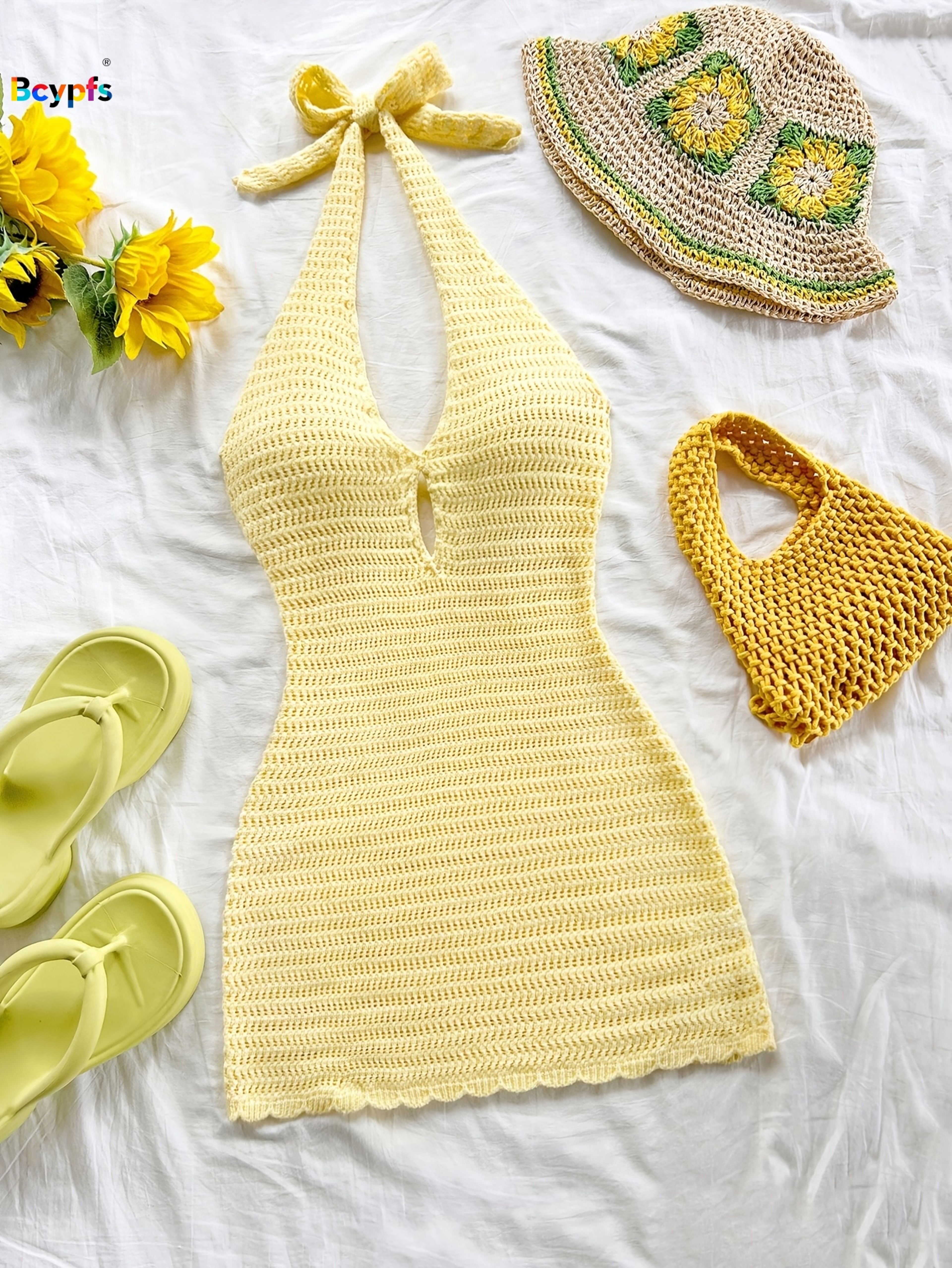 Sunkissed Yellow Crochet Halter Knit Bodycon Mini Dress – view 1