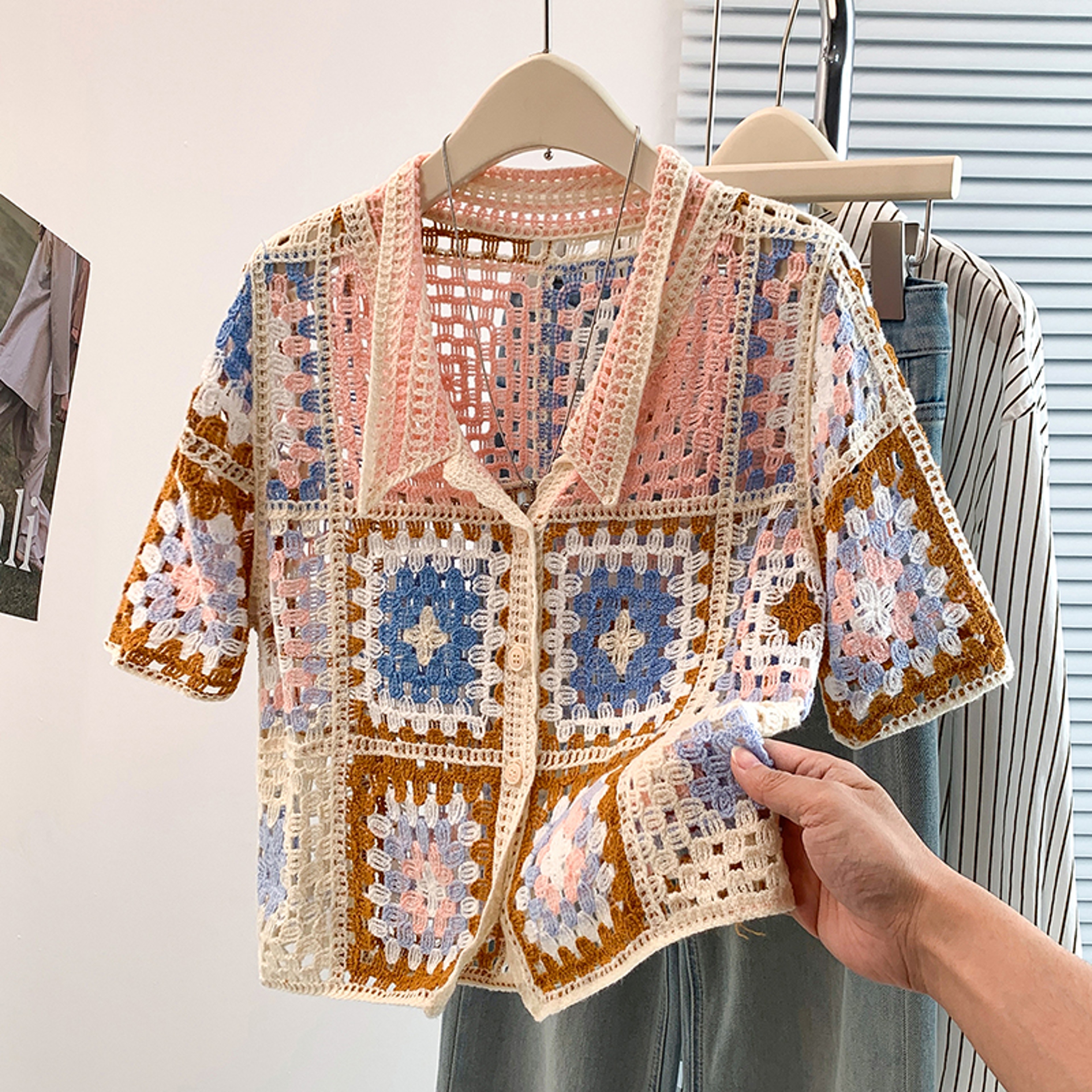 Boho Crochet Crop Cardigan Short Sleeve Summer Open Knit Top – view 1