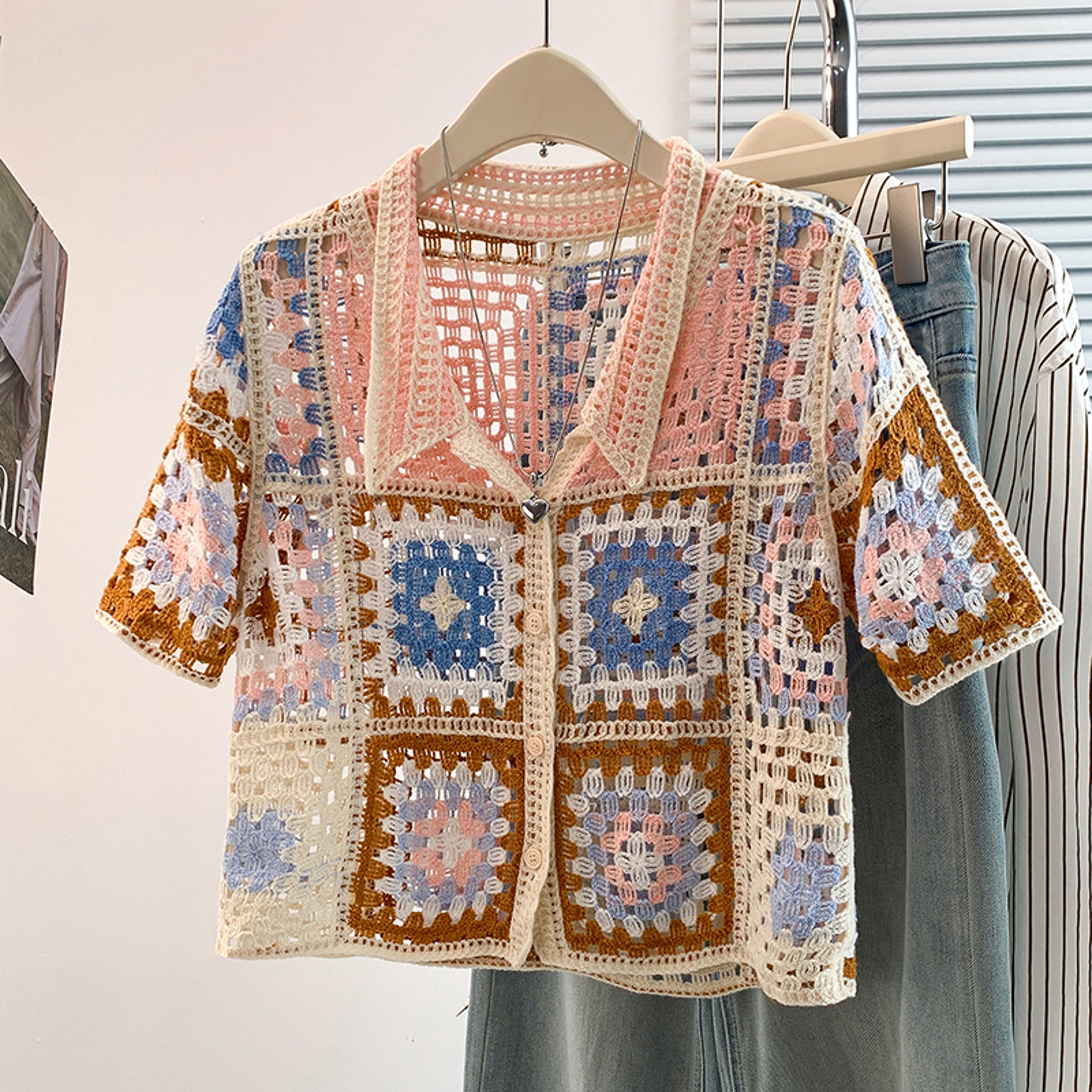 Boho Crochet Crop Cardigan Short Sleeve Summer Open Knit Top – view 7