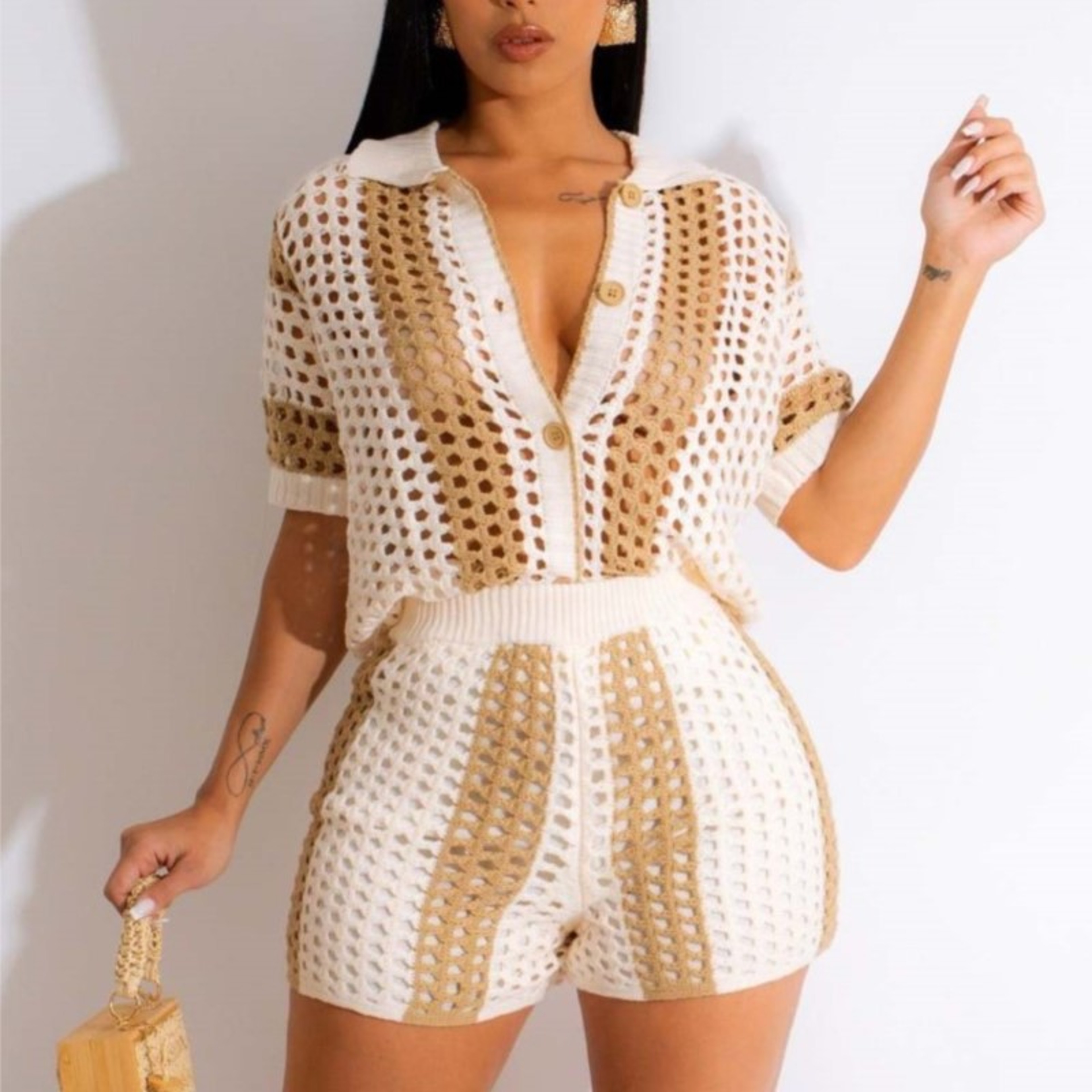 Chic Knit Two Piece Short Set Ribbed Crochet Patchwork Sweater Suit – view 4