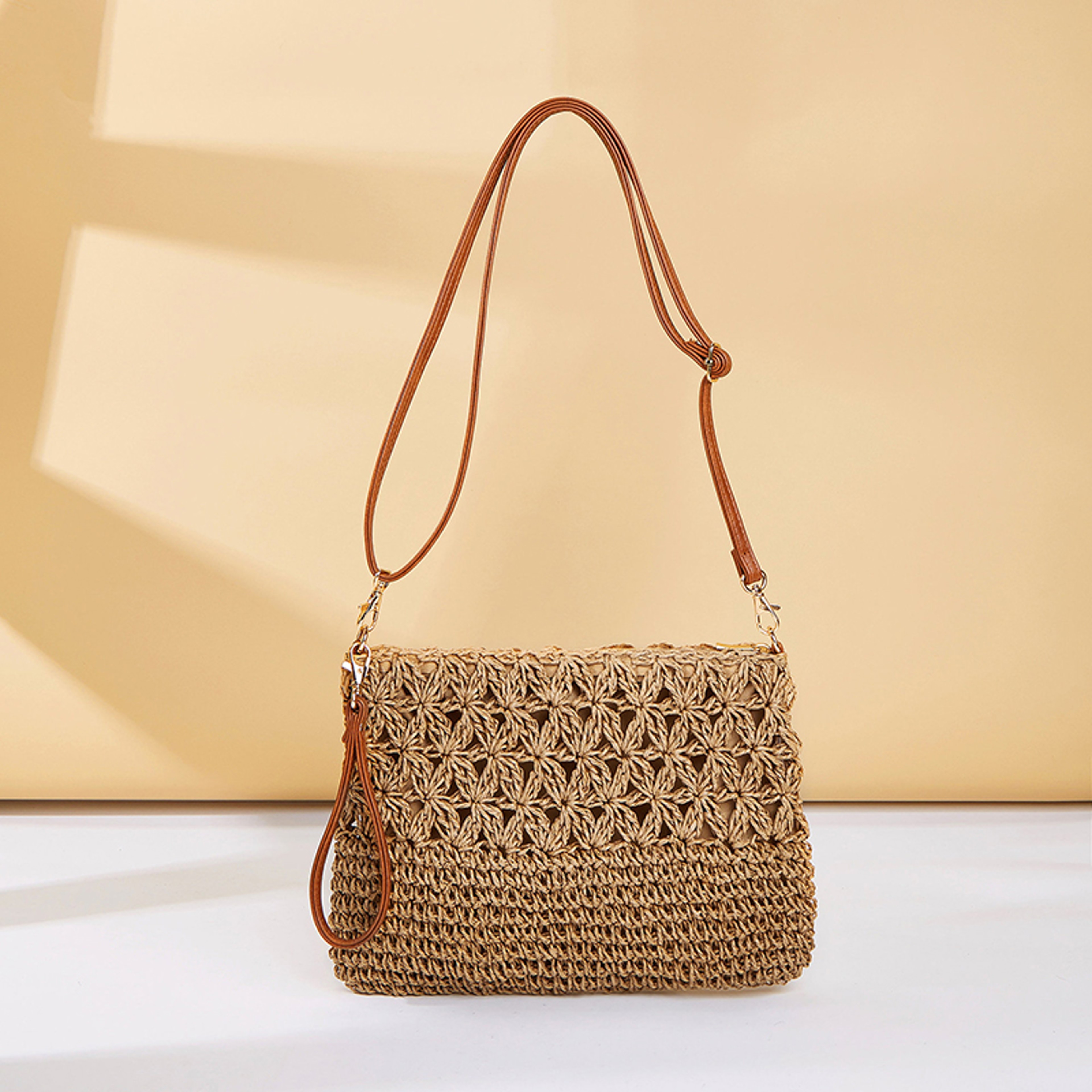 Hand-Woven Summer Straw Crossbody Bag and Raffia Wristlet Clutch – view 2