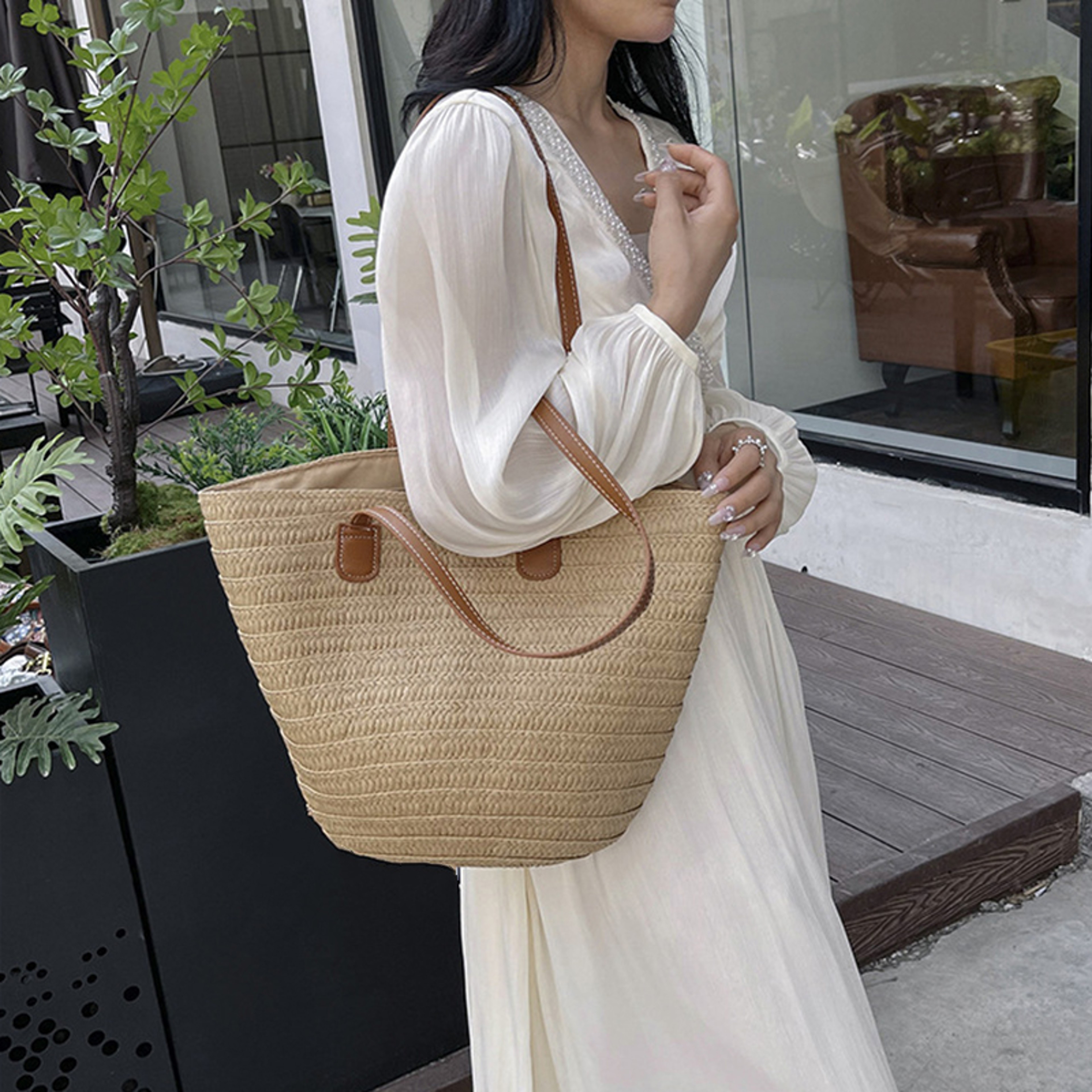 Large Straw Woven Basket Bag - Braided Summer Beach Shoulder Purse & Top-Handle Travel Tote – view 4