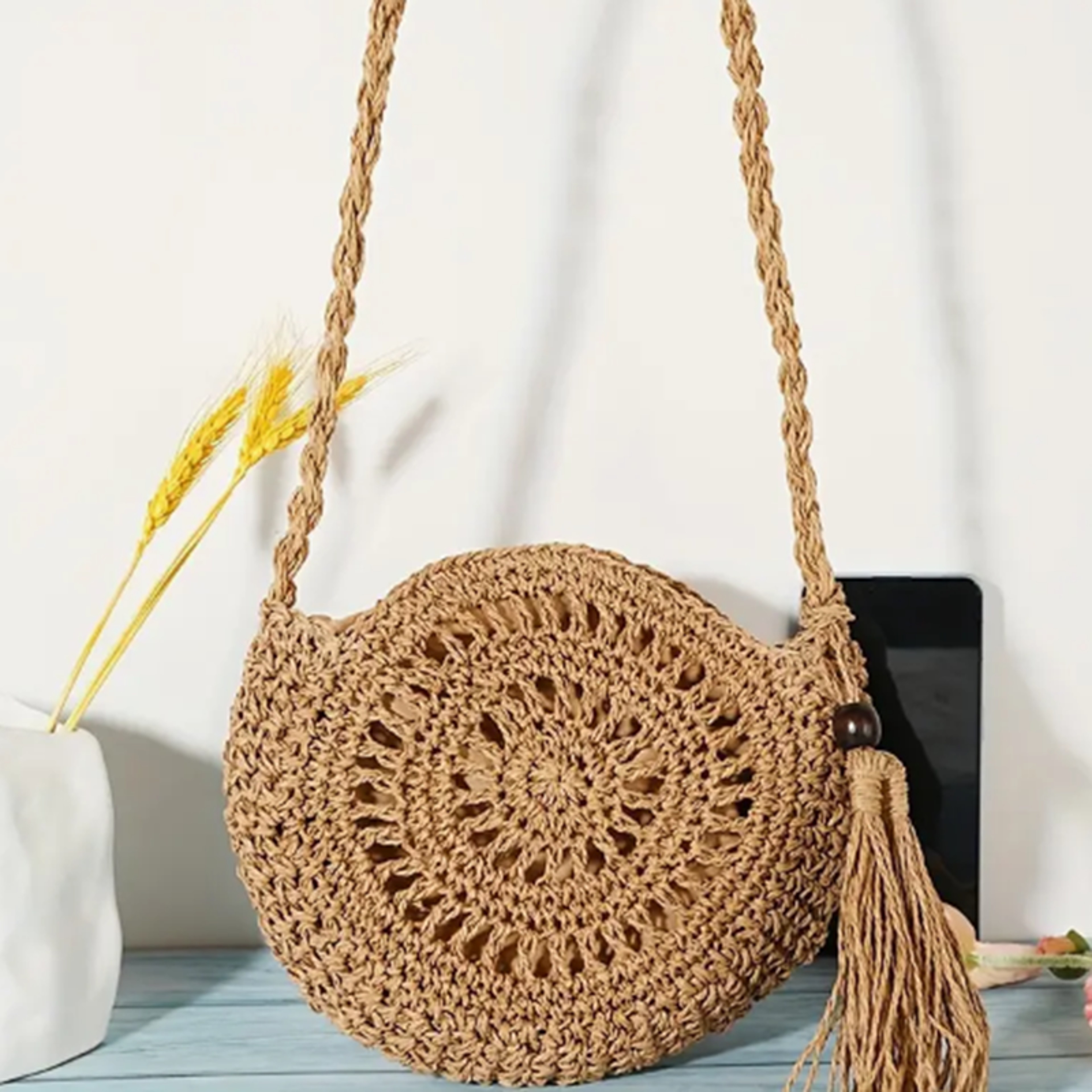 Boho Straw Crossbody Bag Woven Summer Beach Bag with Tassel – view 2