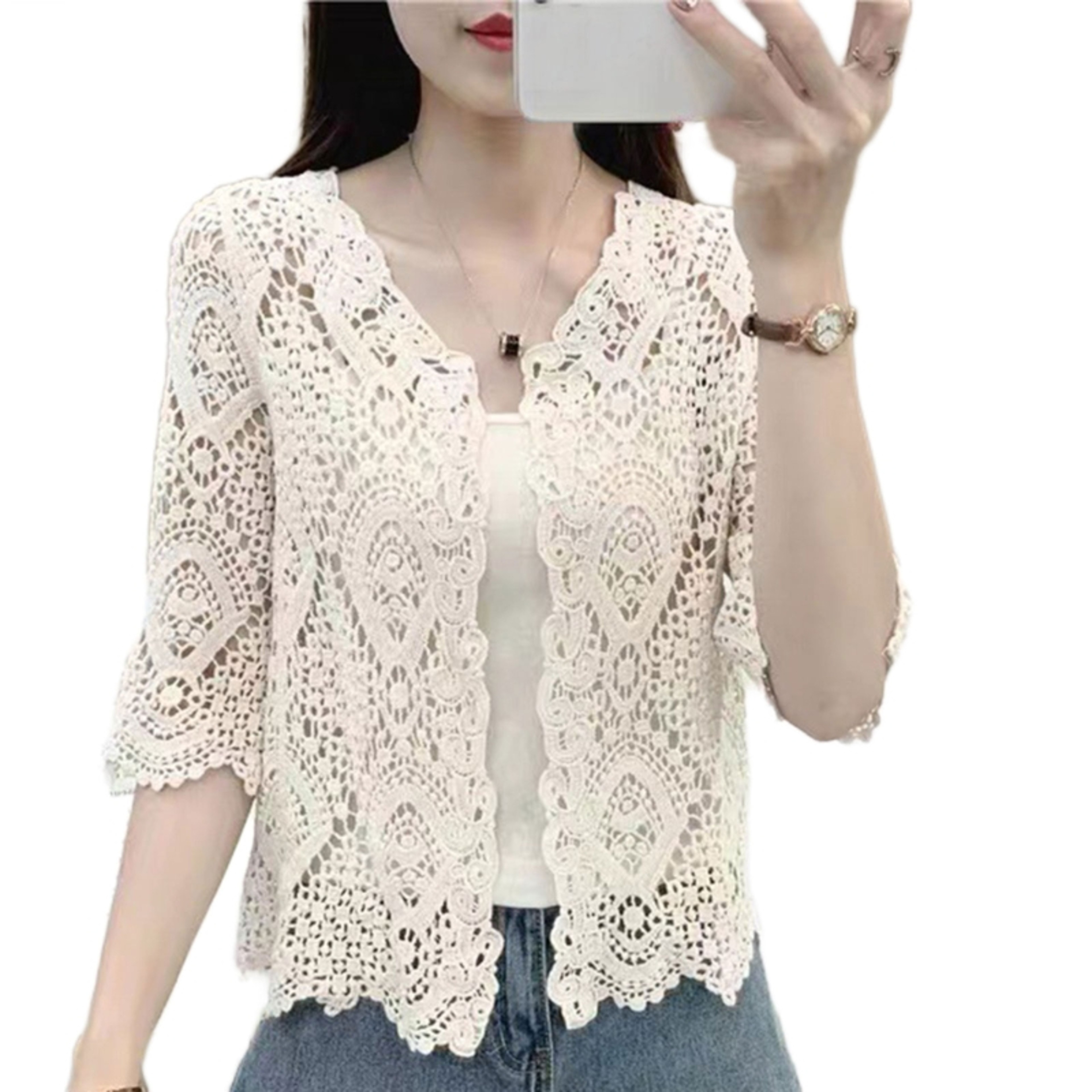 Boho Lace Cropped Cardigan Shrug with Sleeves – view 3