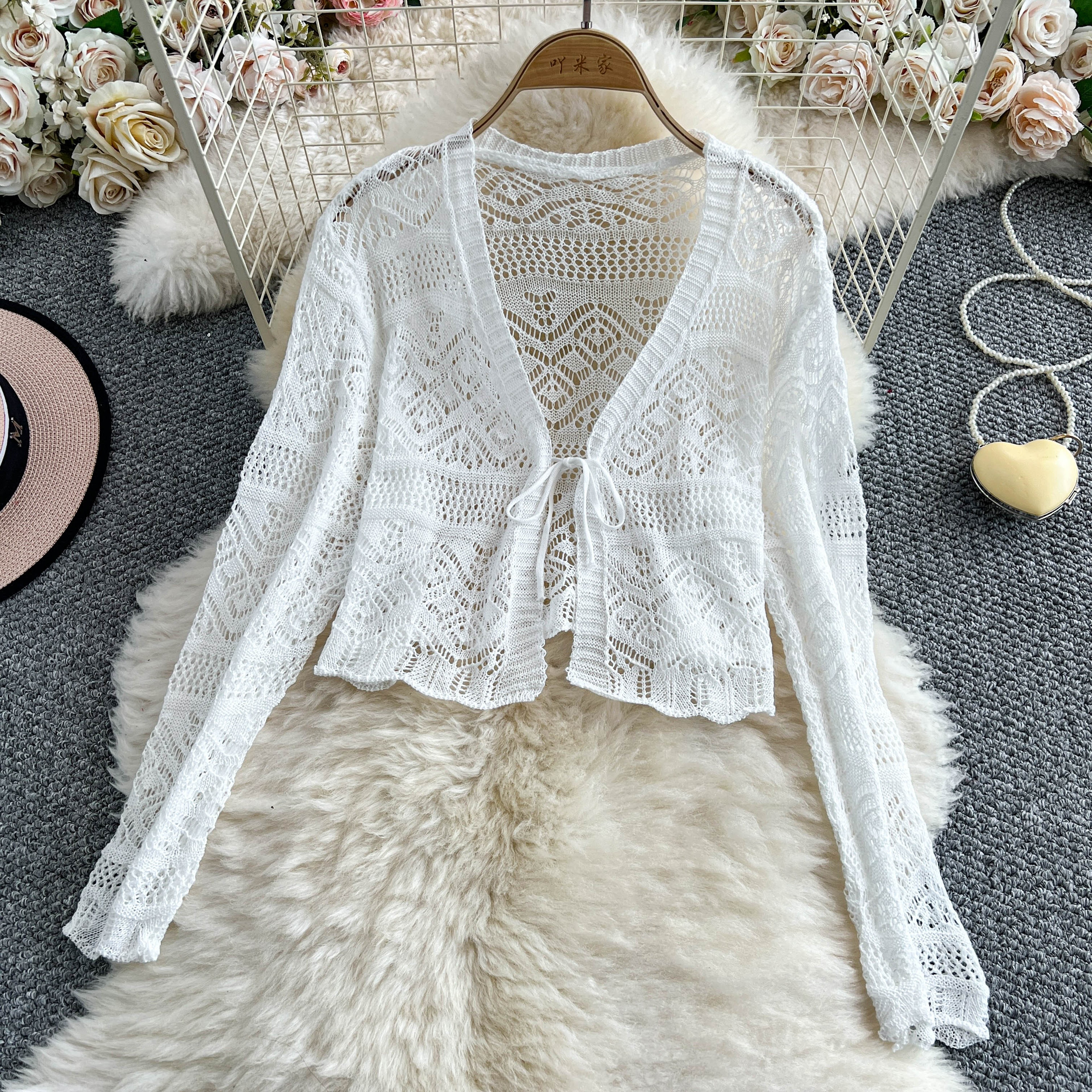 Boho Crochet Crop Cardigan Tie Front Lightweight Summer Bolero Shrug 3