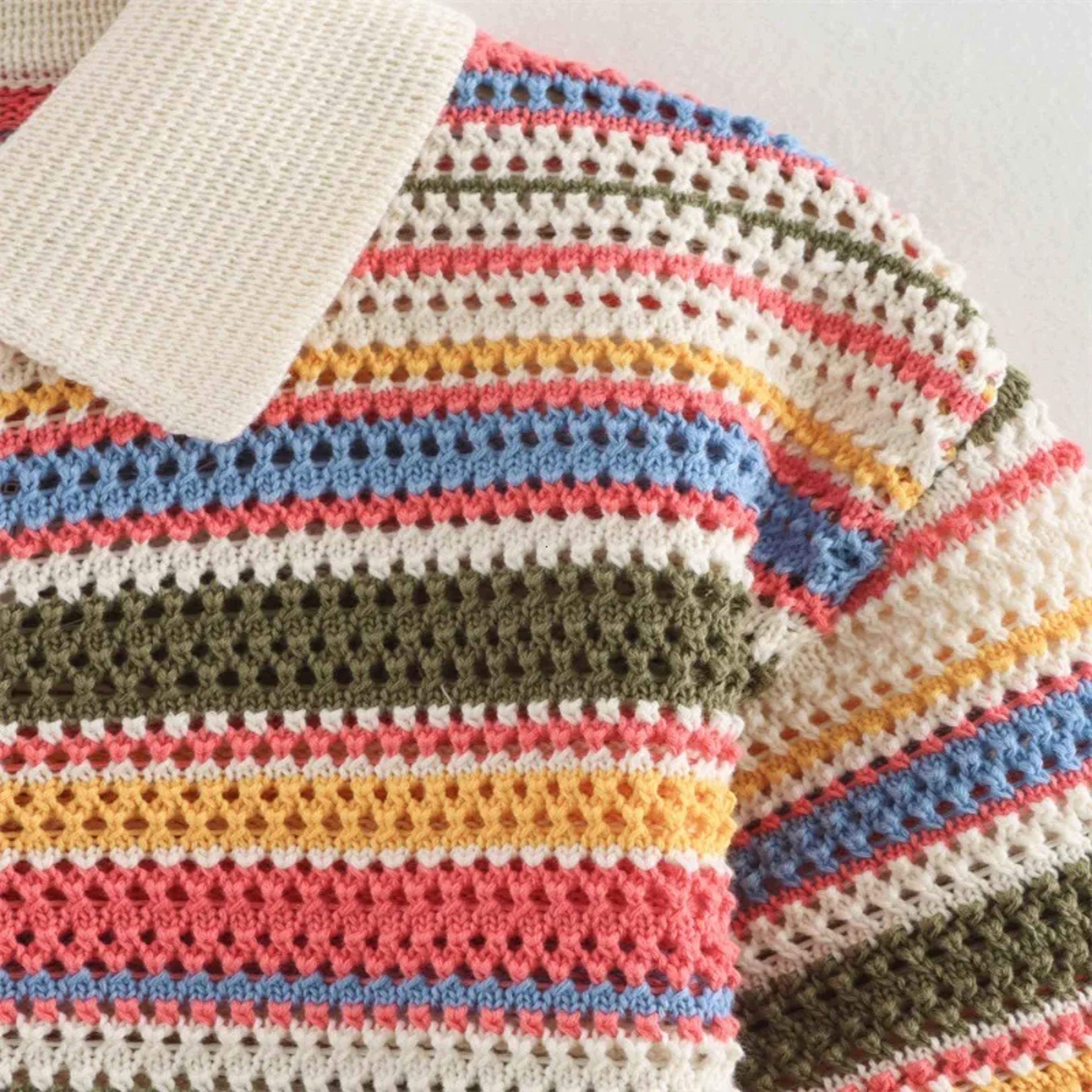 Chic Striped Crochet Knit Crop Sweater With Polo Collar And Short Sleeve ButtonUp Design 4