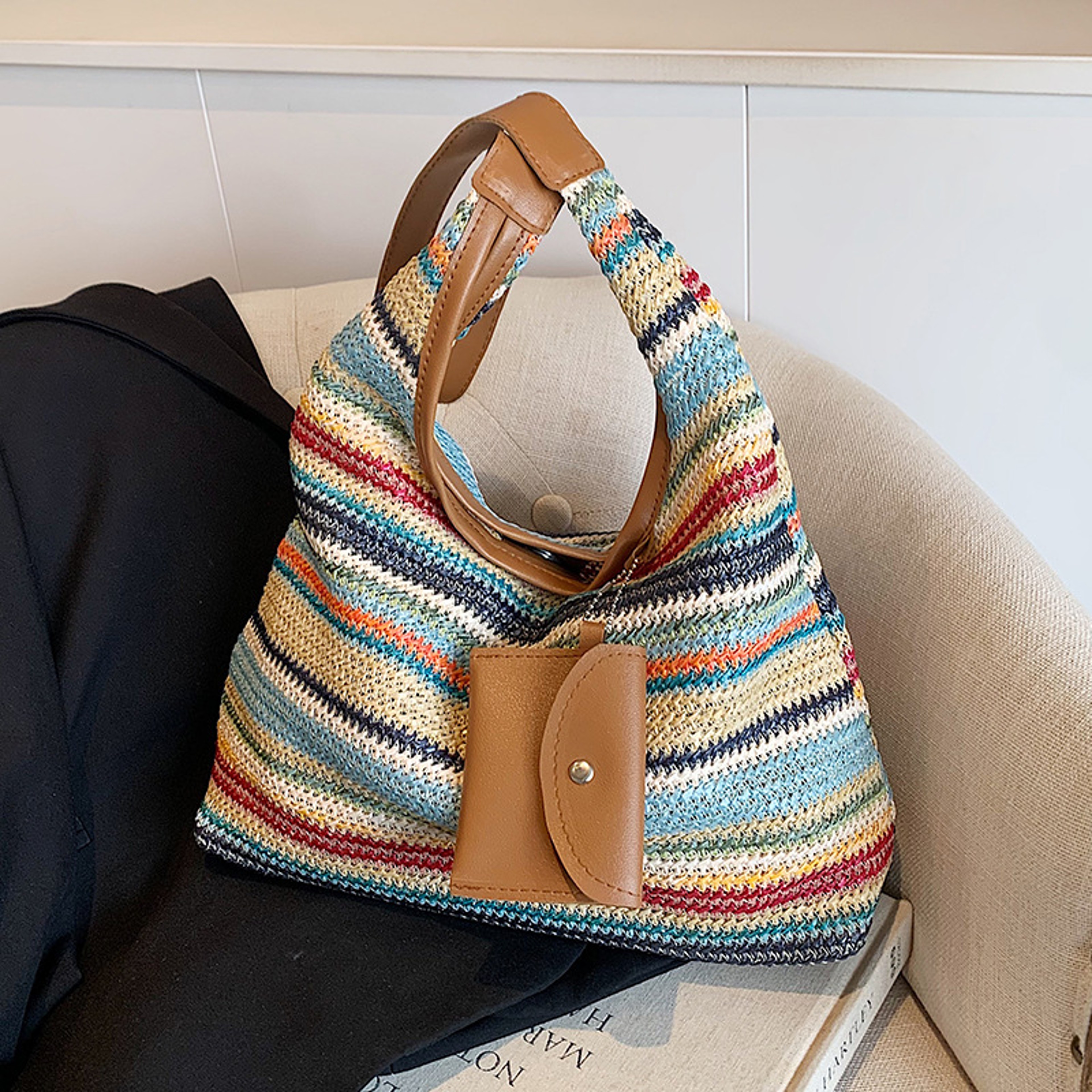 Handmade Woven Tote Bag Large Capacity Beach Bag & Boho Commute Shoulder Bag – view 2