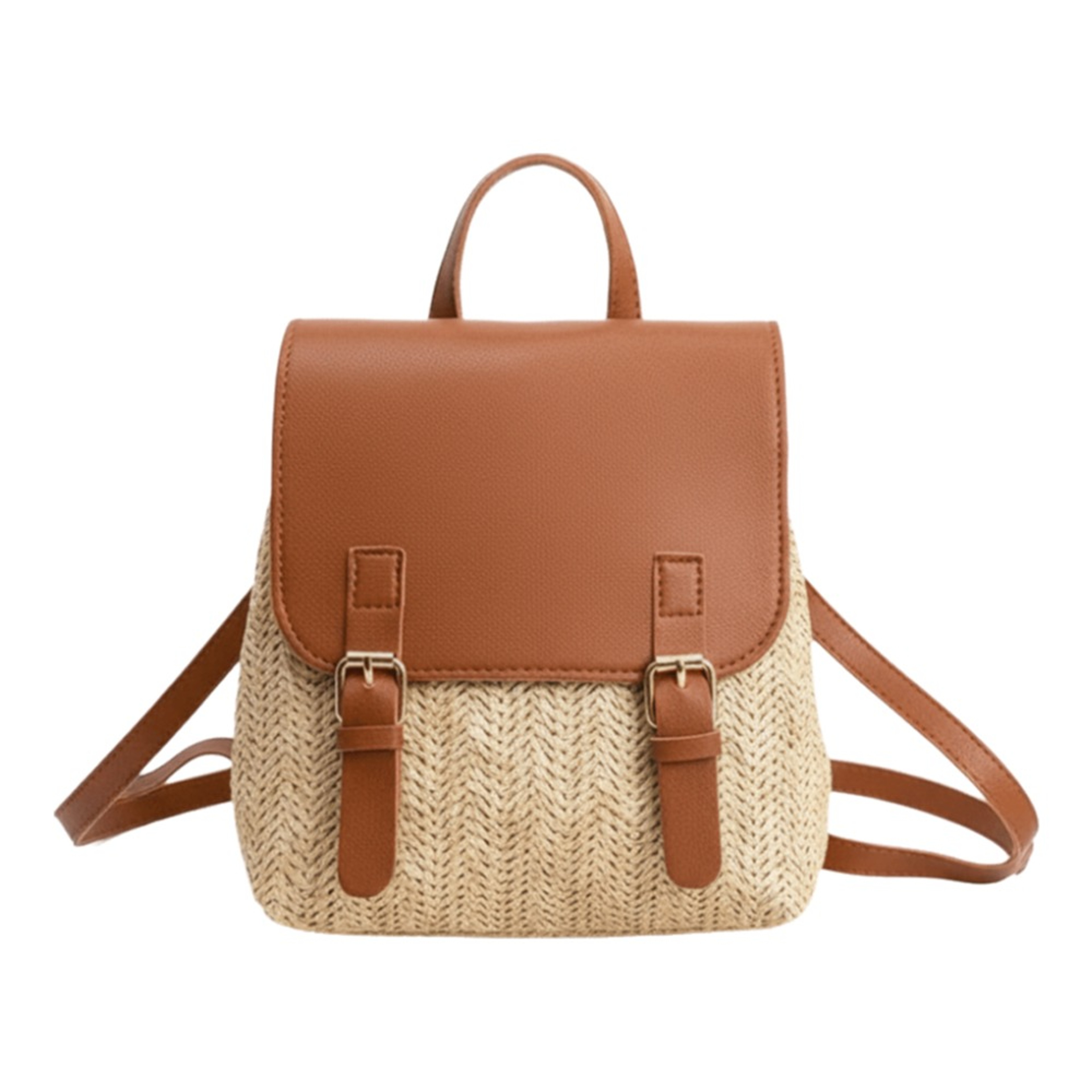 Vintage Straw Backpack with PU Leather Trim Retro Woven Shoulder Bag – view 7