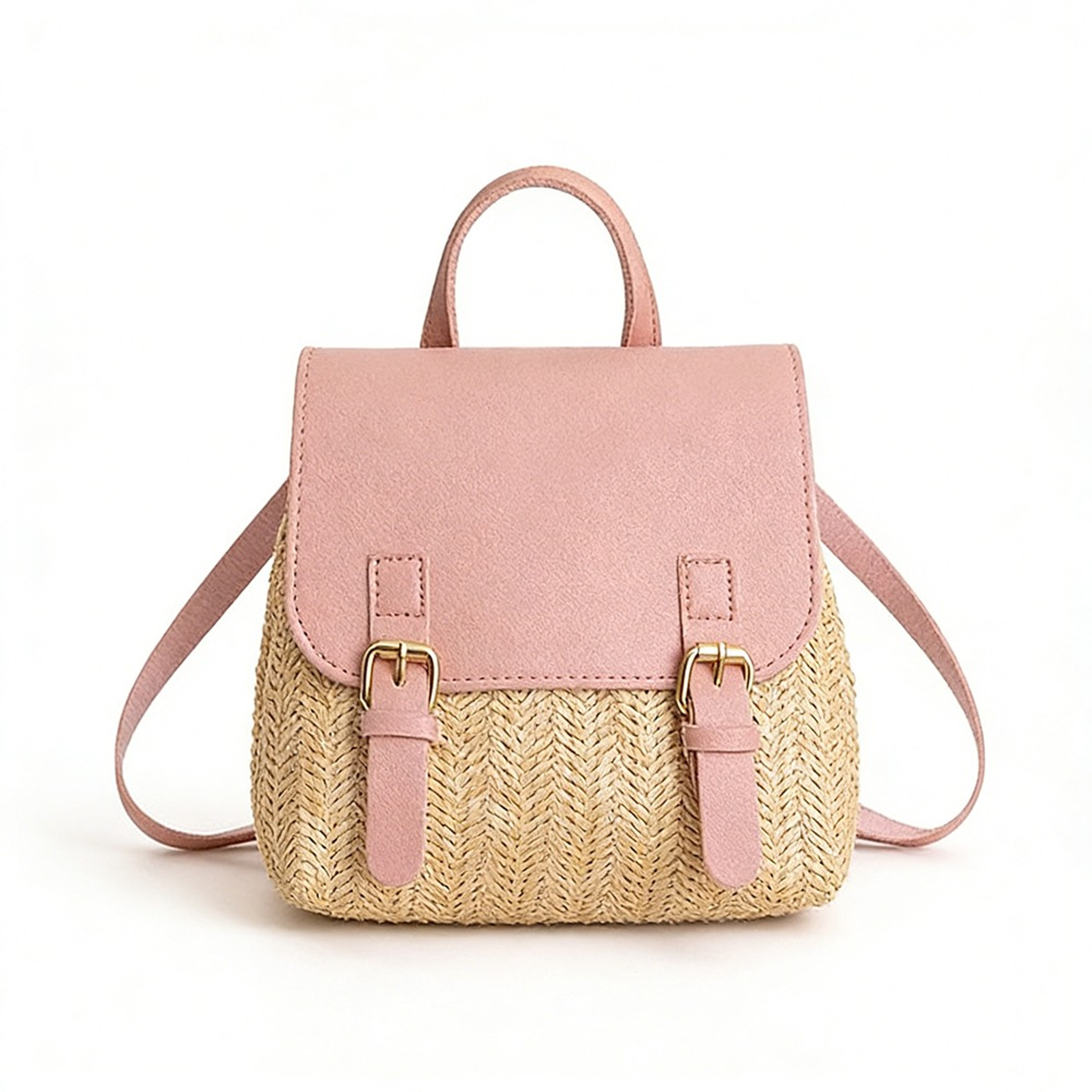 Vintage Straw Backpack with PU Leather Trim Retro Woven Shoulder Bag – view 9
