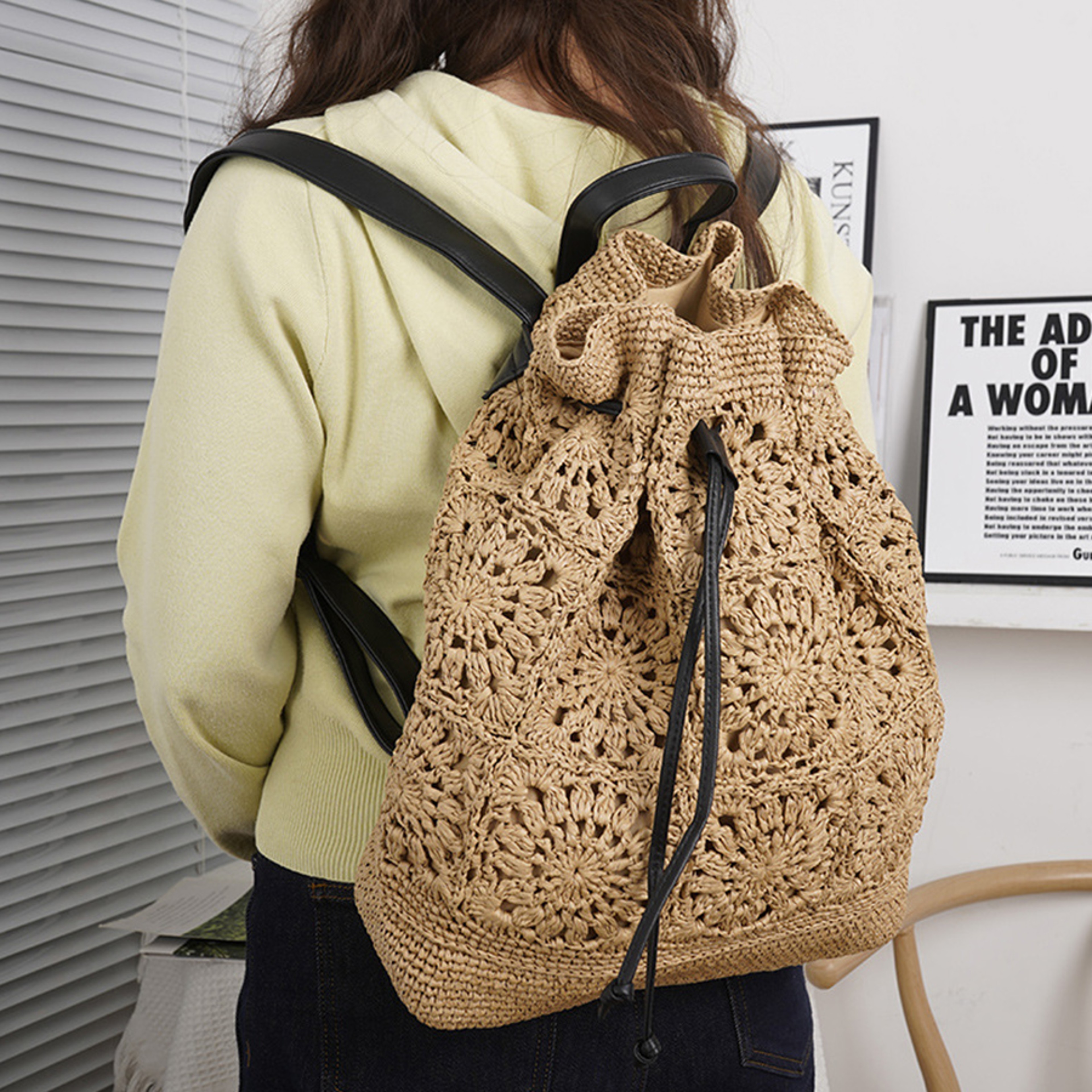 Bali Boho Straw Drawstring Backpack - Crochet Woven Travel Bag for Beach & Summer – view 1