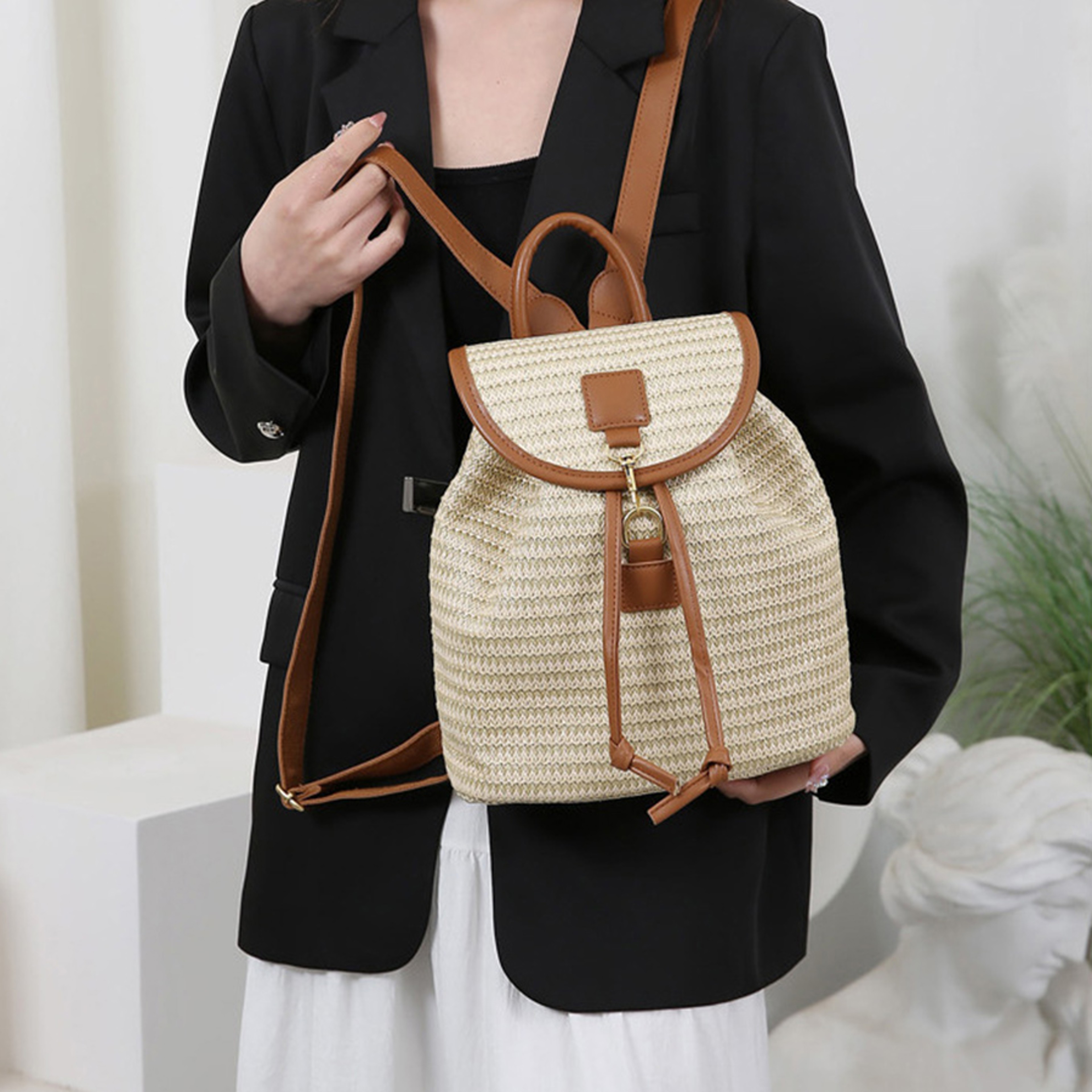 Boho Straw Backpack - Crochet Beach Bag & Woven Summer Shoulder Bag – view 5
