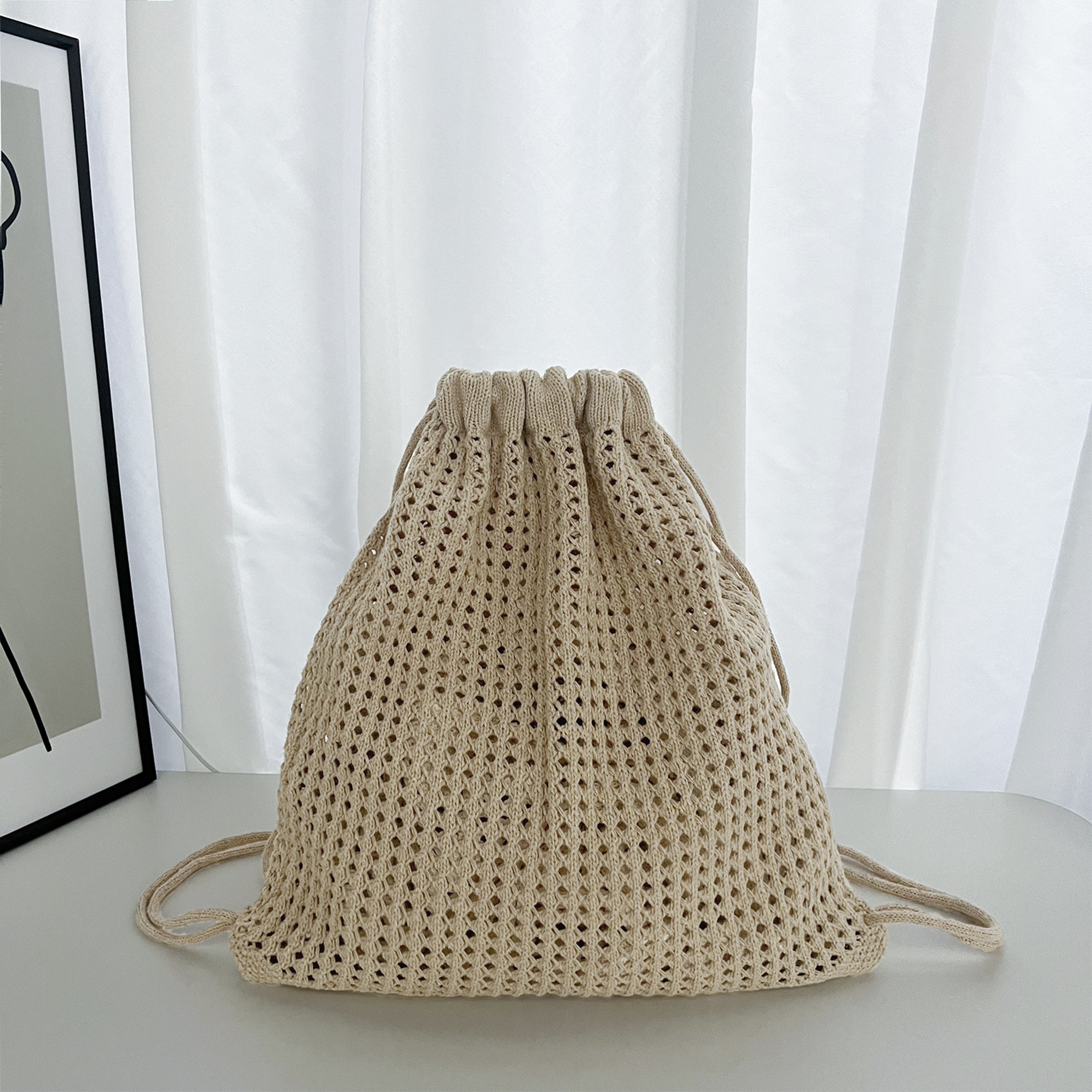 Boho Crochet Backpack: Casual Handmade Knit Drawstring Rucksack for Summer Beach Travel and Shopping – view 4