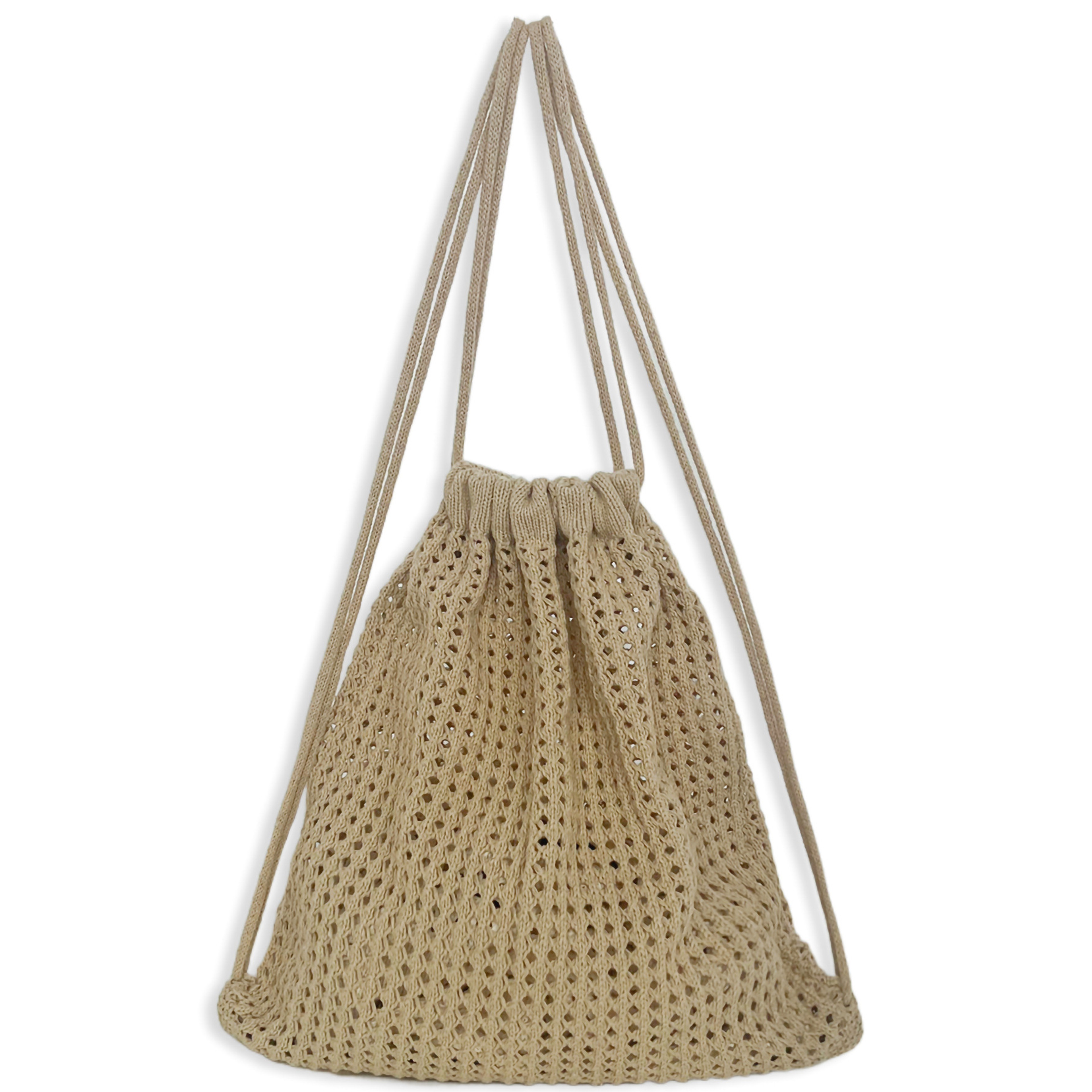 Boho Crochet Backpack: Casual Handmade Knit Drawstring Rucksack for Summer Beach Travel and Shopping – view 6
