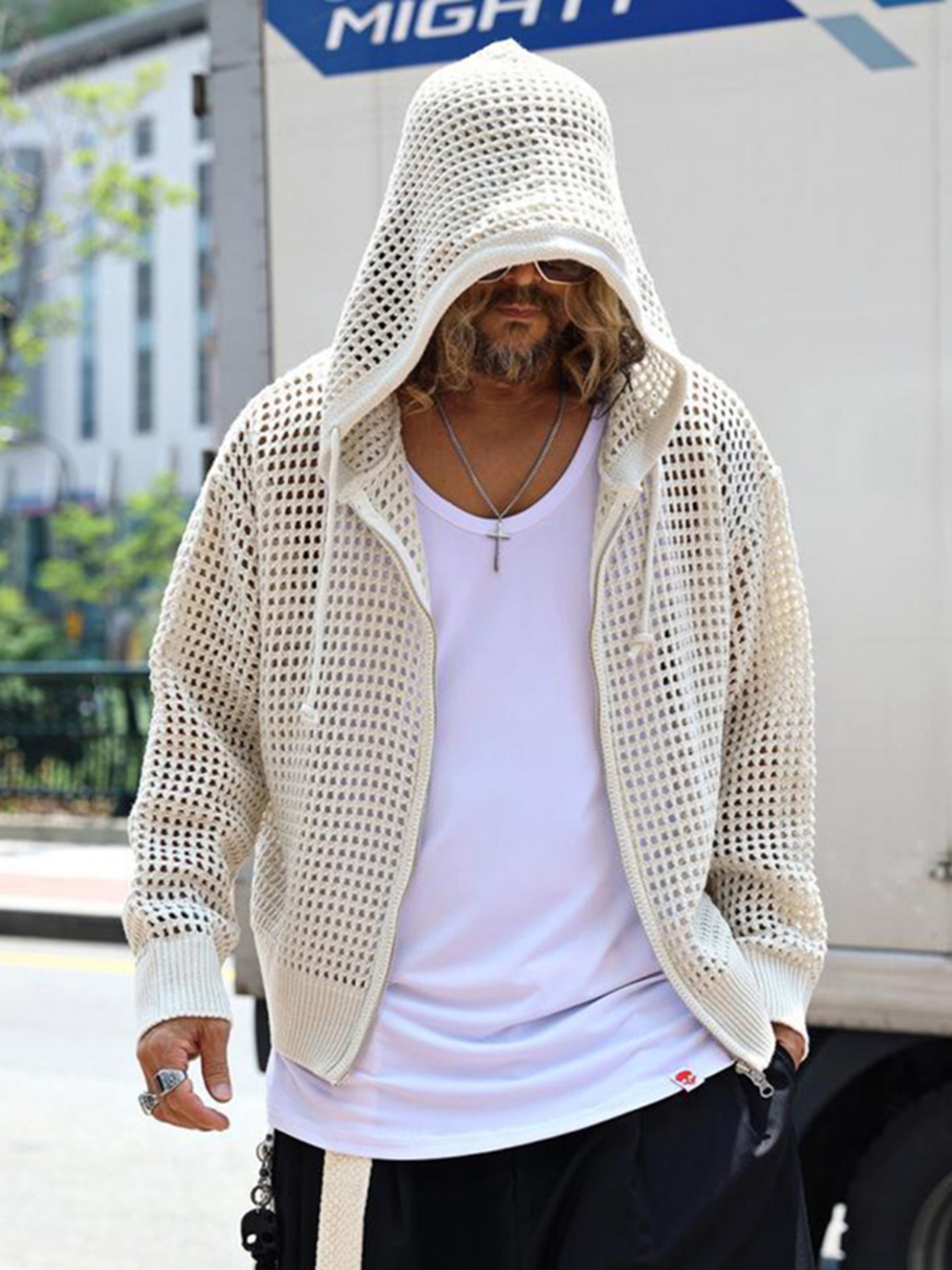 Mens Korean Style Hollow Out Hooded Cardigan – Oversized Zip Up Knit Jacket – view 8
