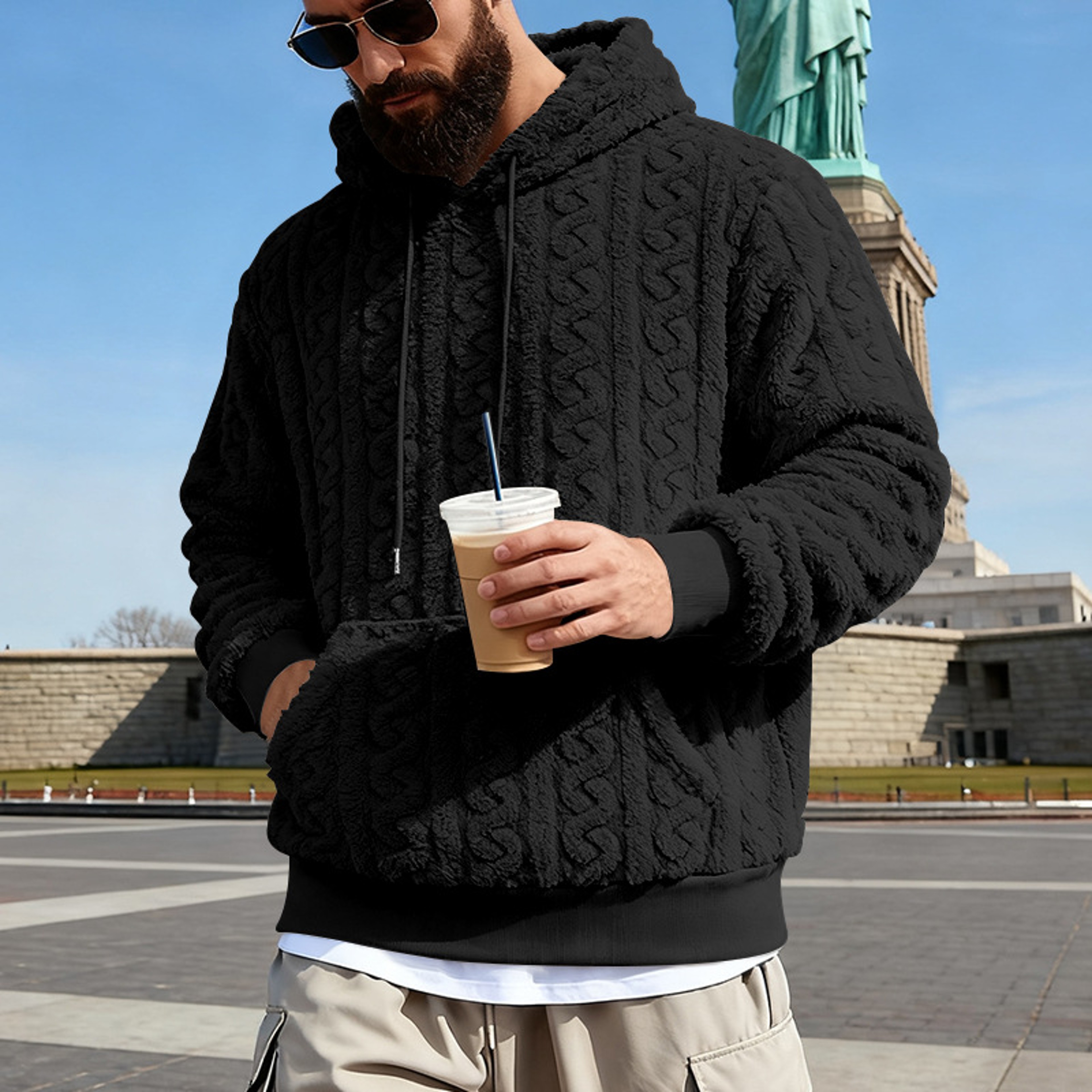 Mens Retro Velvet Hooded Sweatshirt Loose Warm Streetwear Pullover – view 3