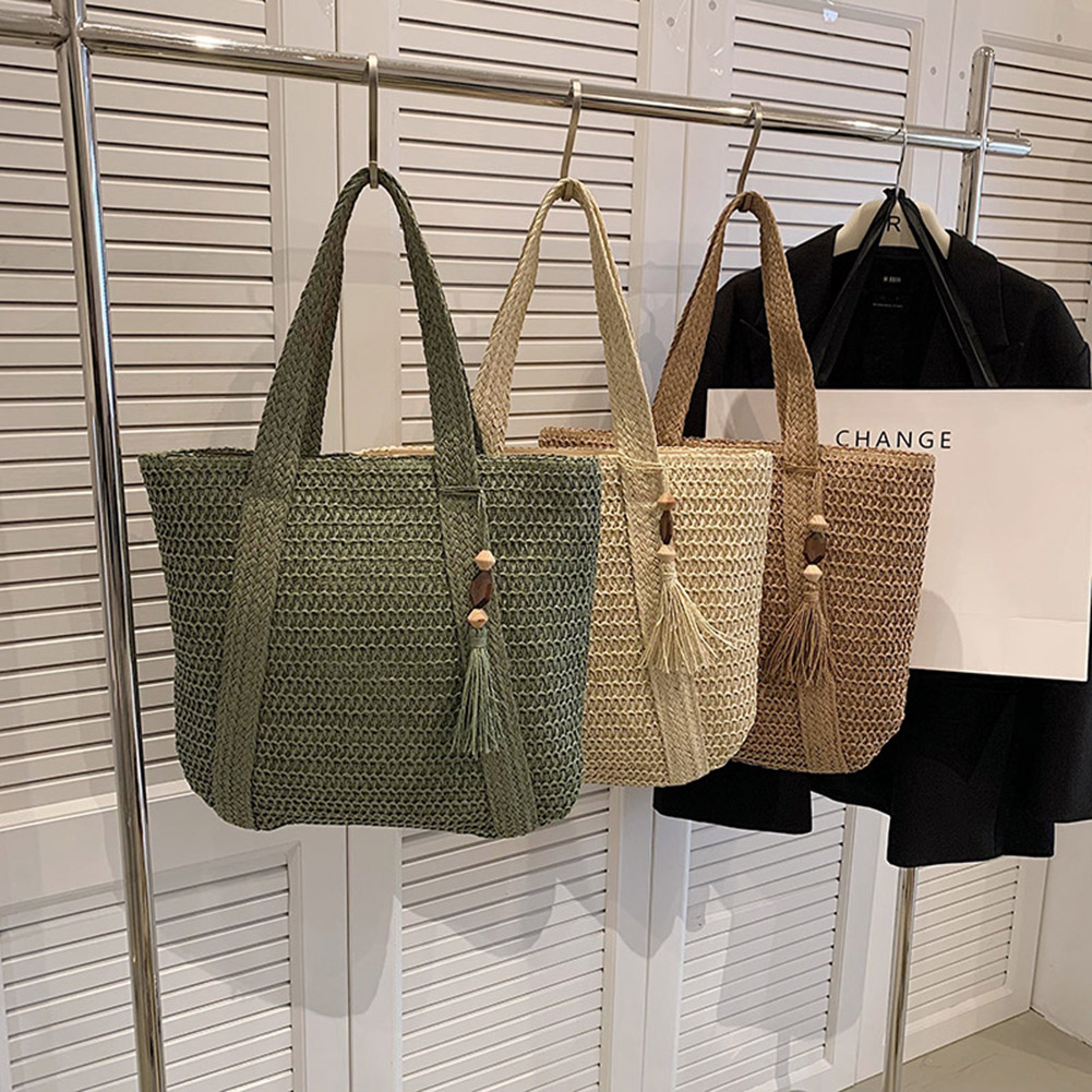 Handwoven Boho Straw Beach Bag  Large Raffia Tote With Tassel Detail 0