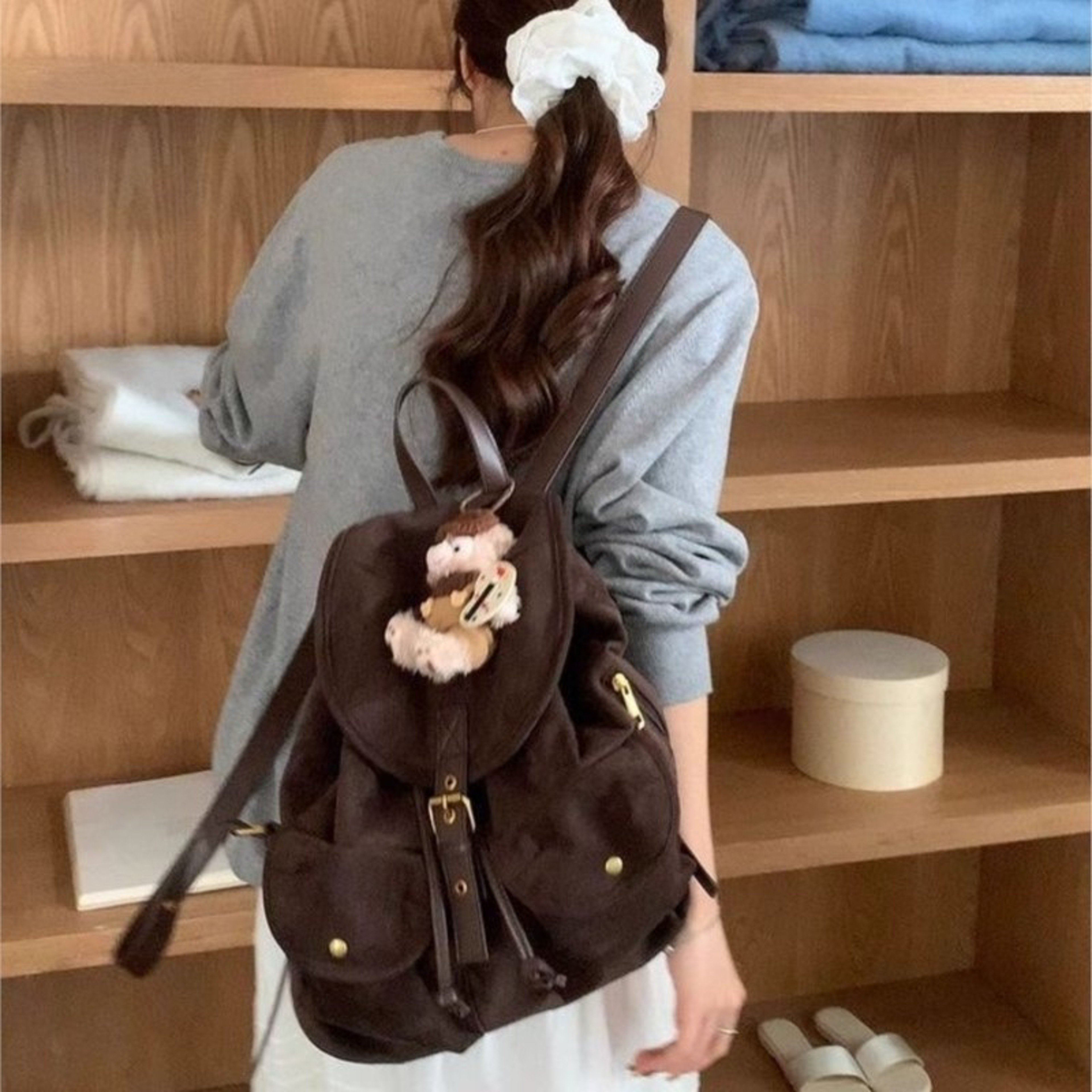 Retro Suede Double Pocket Backpack – Lightweight Large Capacity Daypack for Womens Casual Everyday Style – view 4