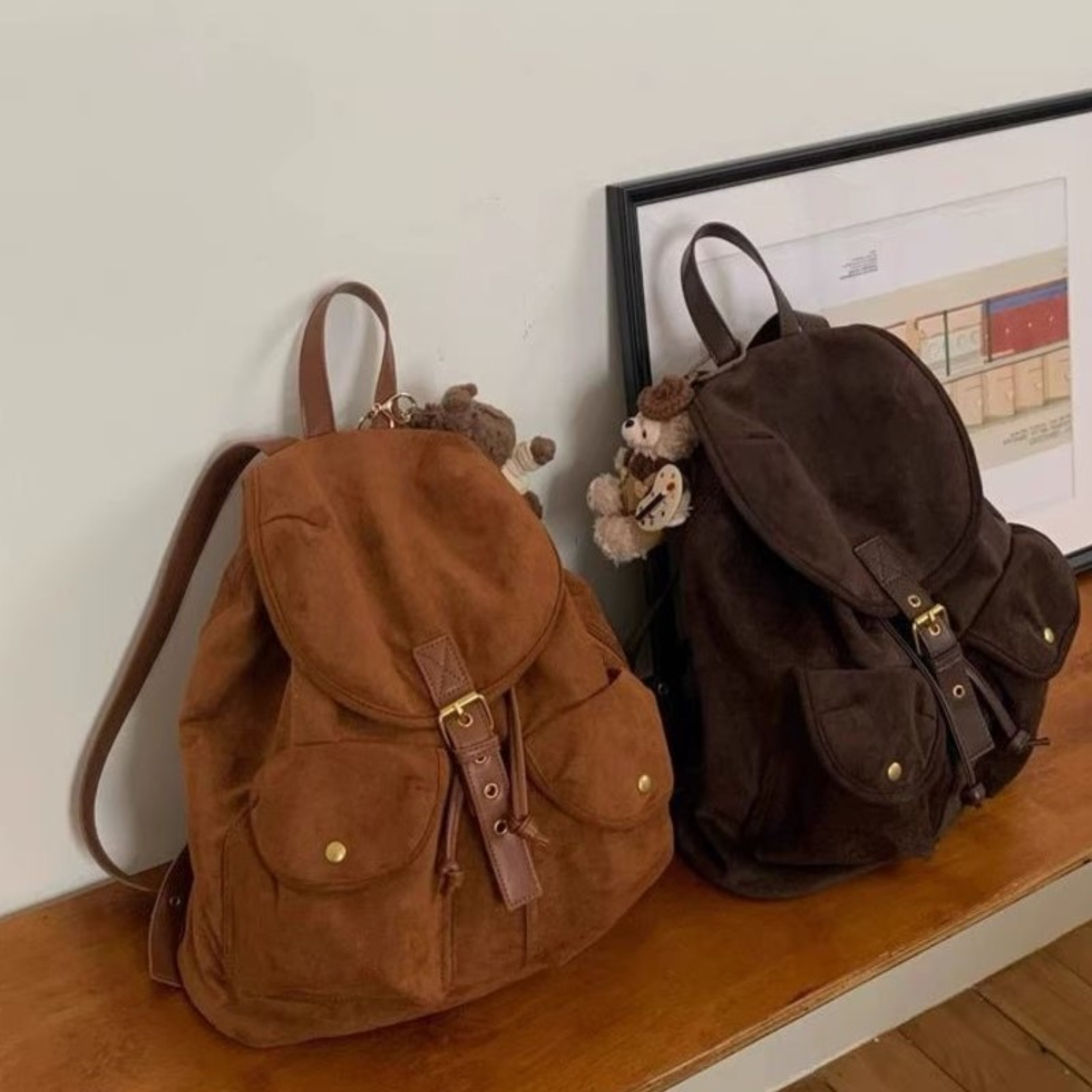 Retro Suede Double Pocket Backpack – Lightweight Large Capacity Daypack for Womens Casual Everyday Style – view 6
