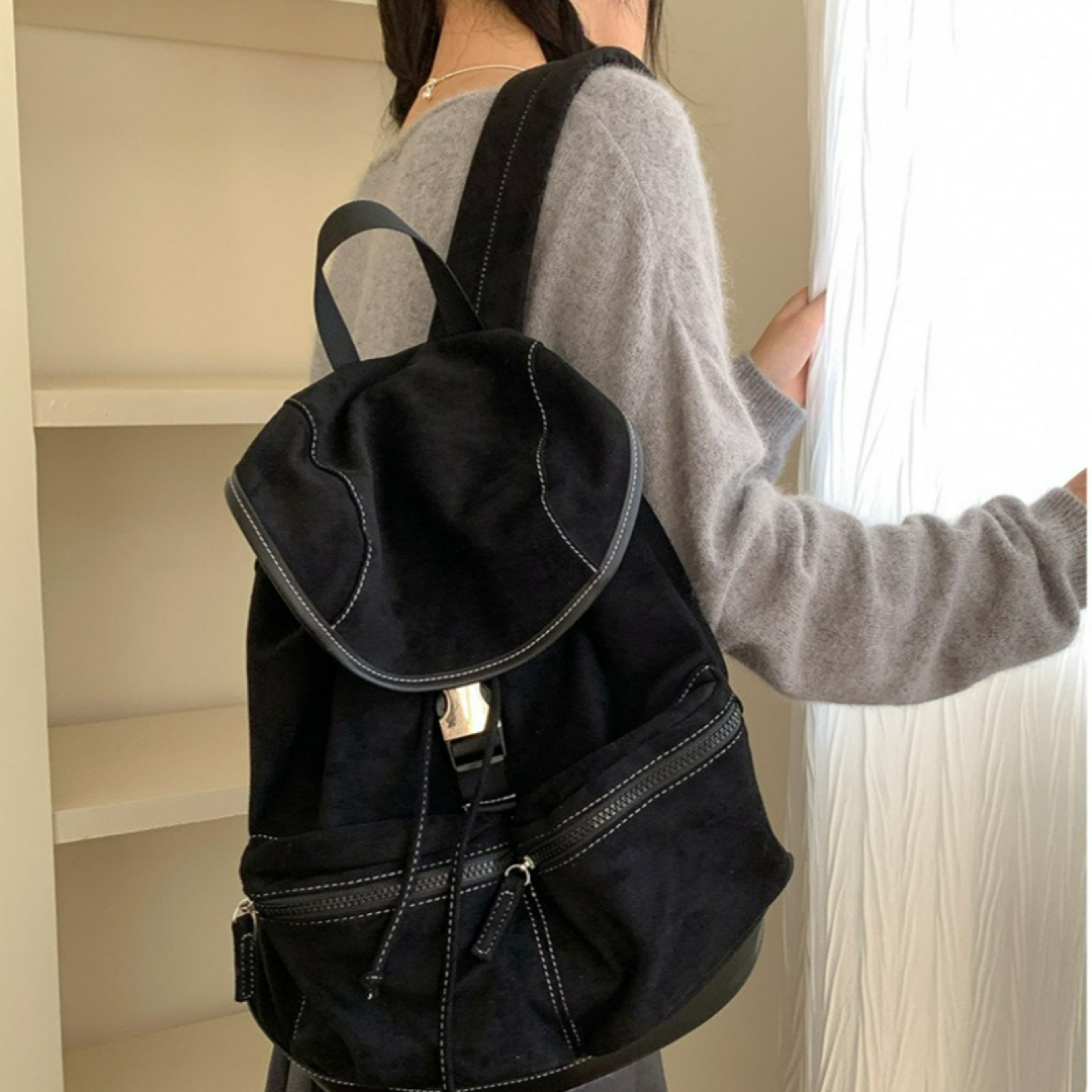 Korean Style Vintage Suede Drawstring Flap Backpack – Large Capacity Fashionable Travel and School Bag – view 2