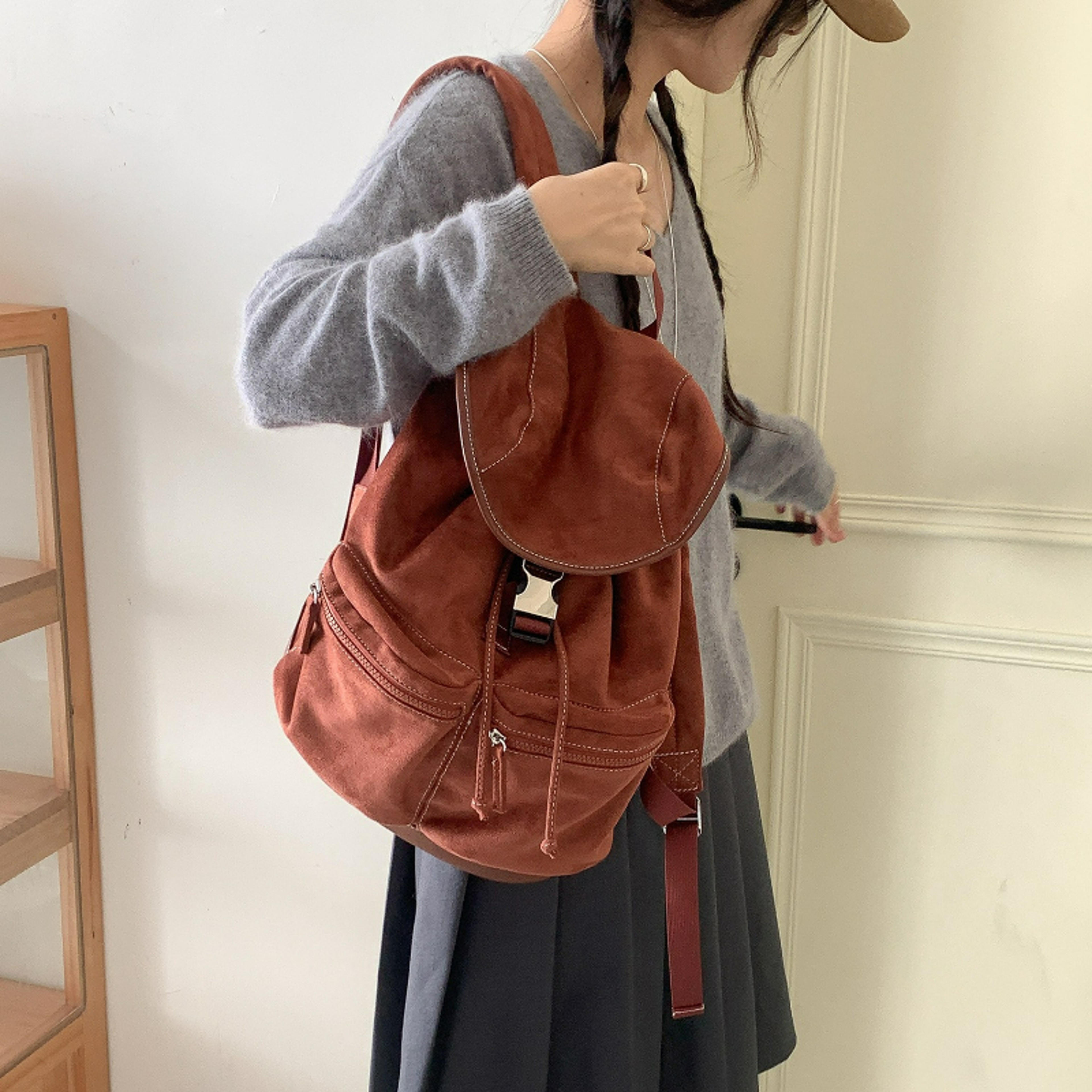 Korean Style Vintage Suede Drawstring Flap Backpack – Large Capacity Fashionable Travel and School Bag – view 3