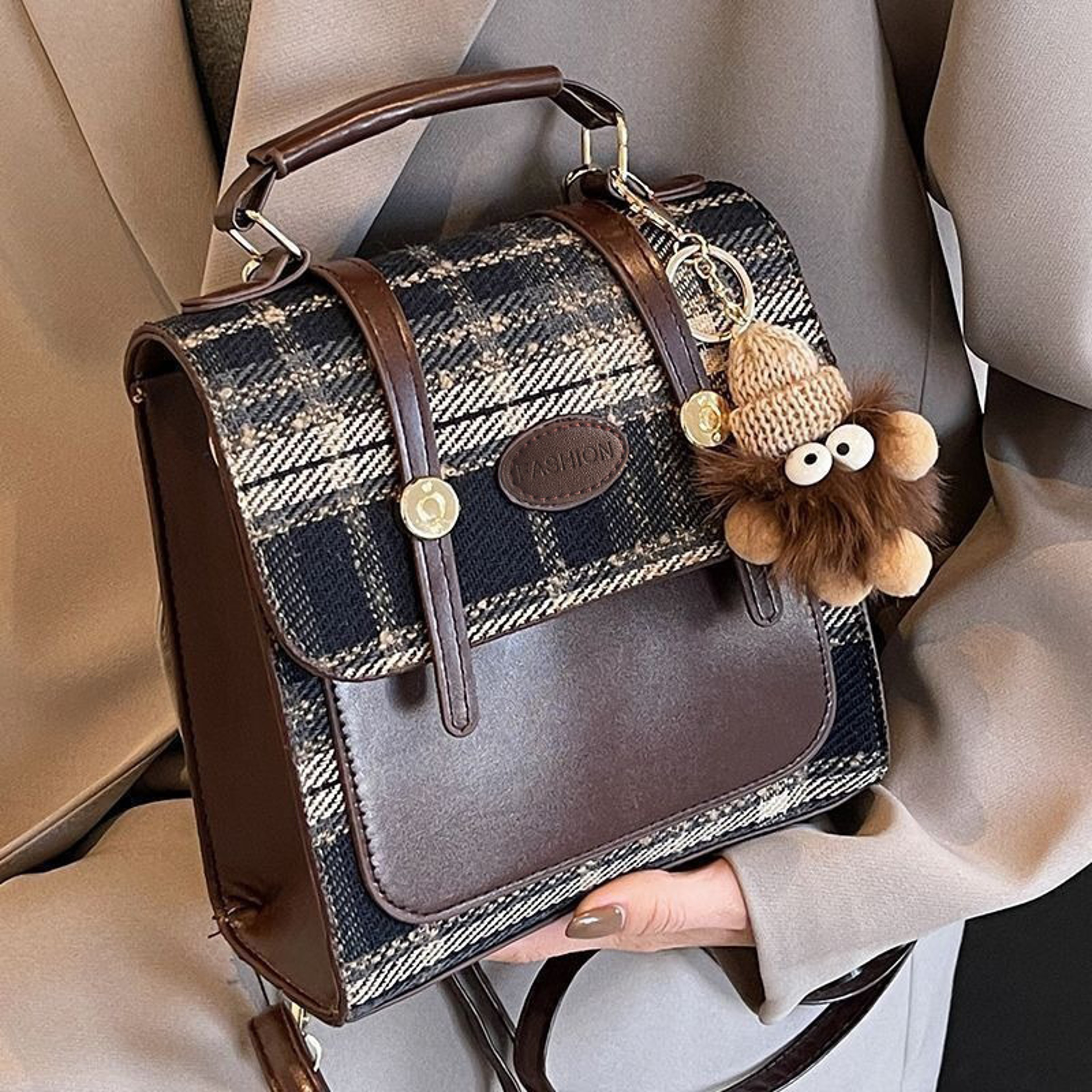 British Style Minimalist Checkered Backpack for Women – Vintage College Commuter Daypack – view 7