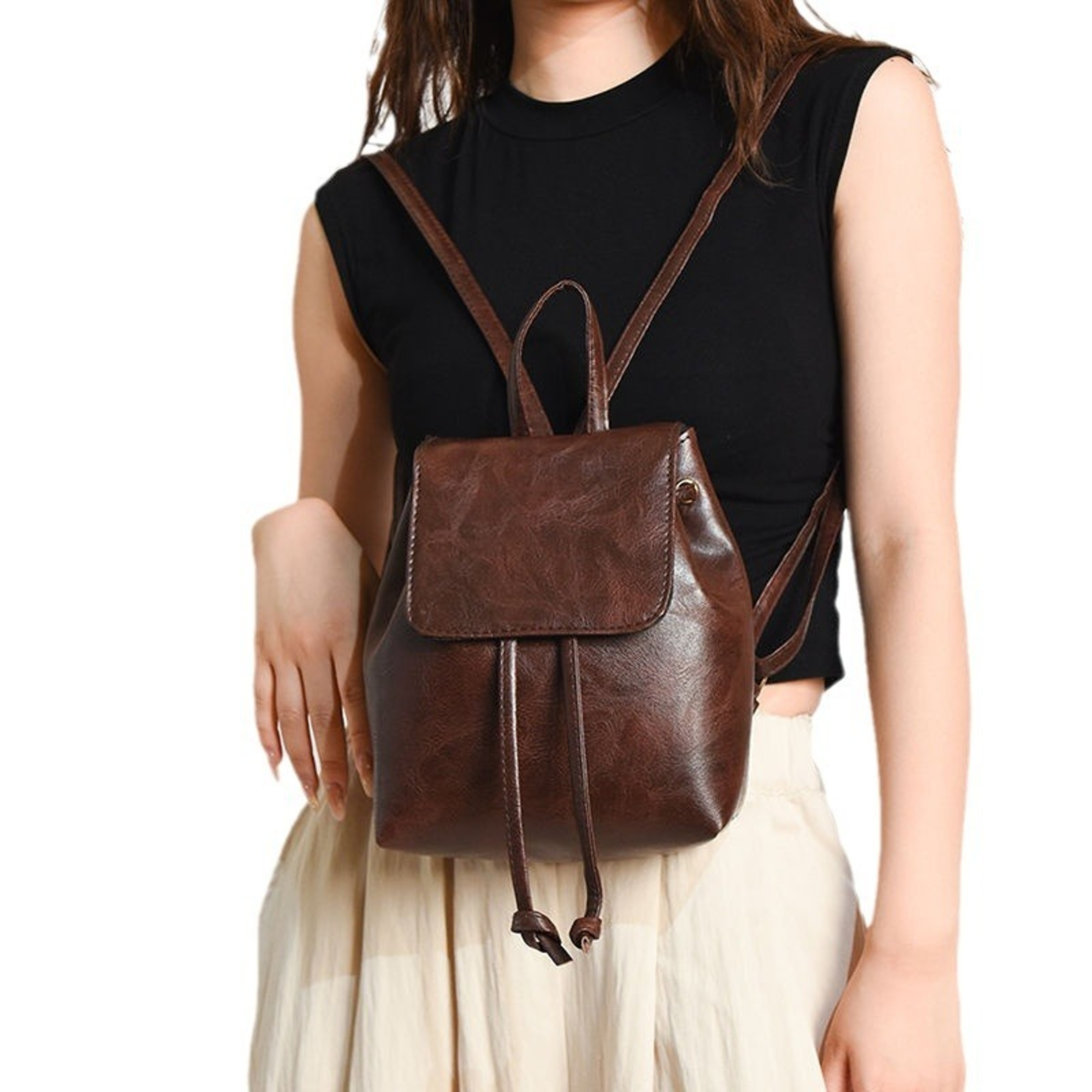 Vintage Brown Minimalist Women's Backpack: Artistic Drawstring Rucksack – view 2