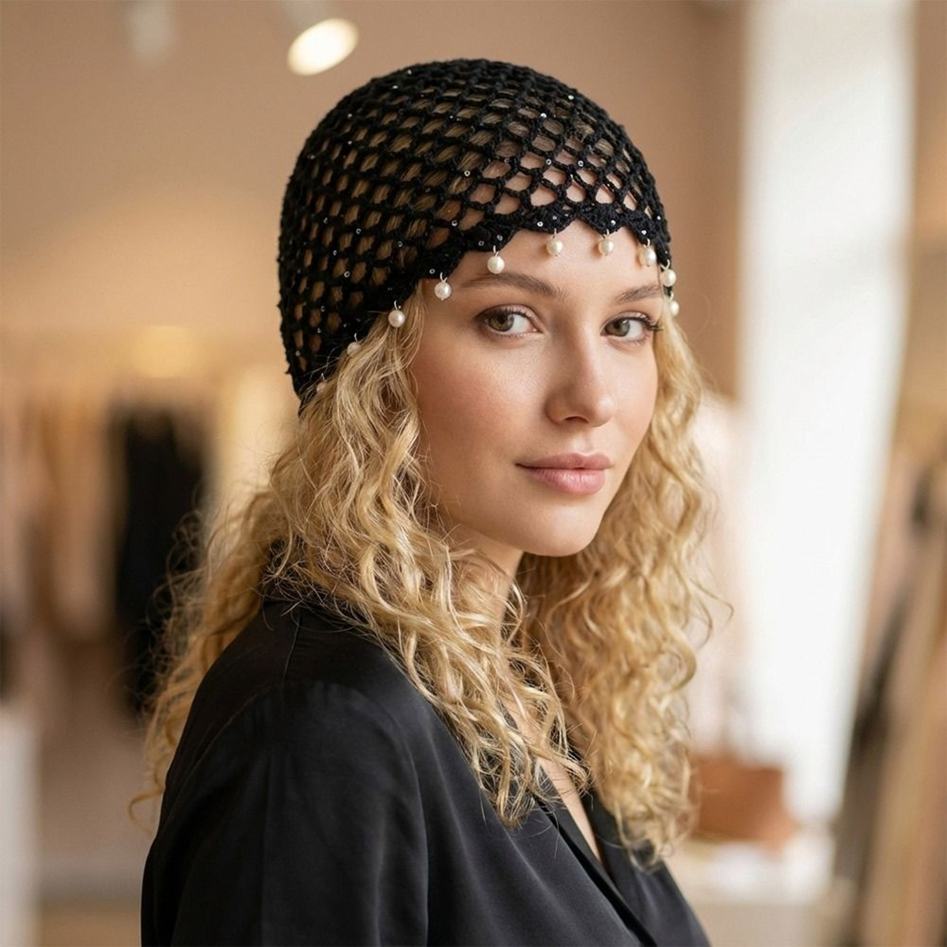 Boho Crochet Beret with Pearl Fringe Breathable Summer Cap for Travel – view 4
