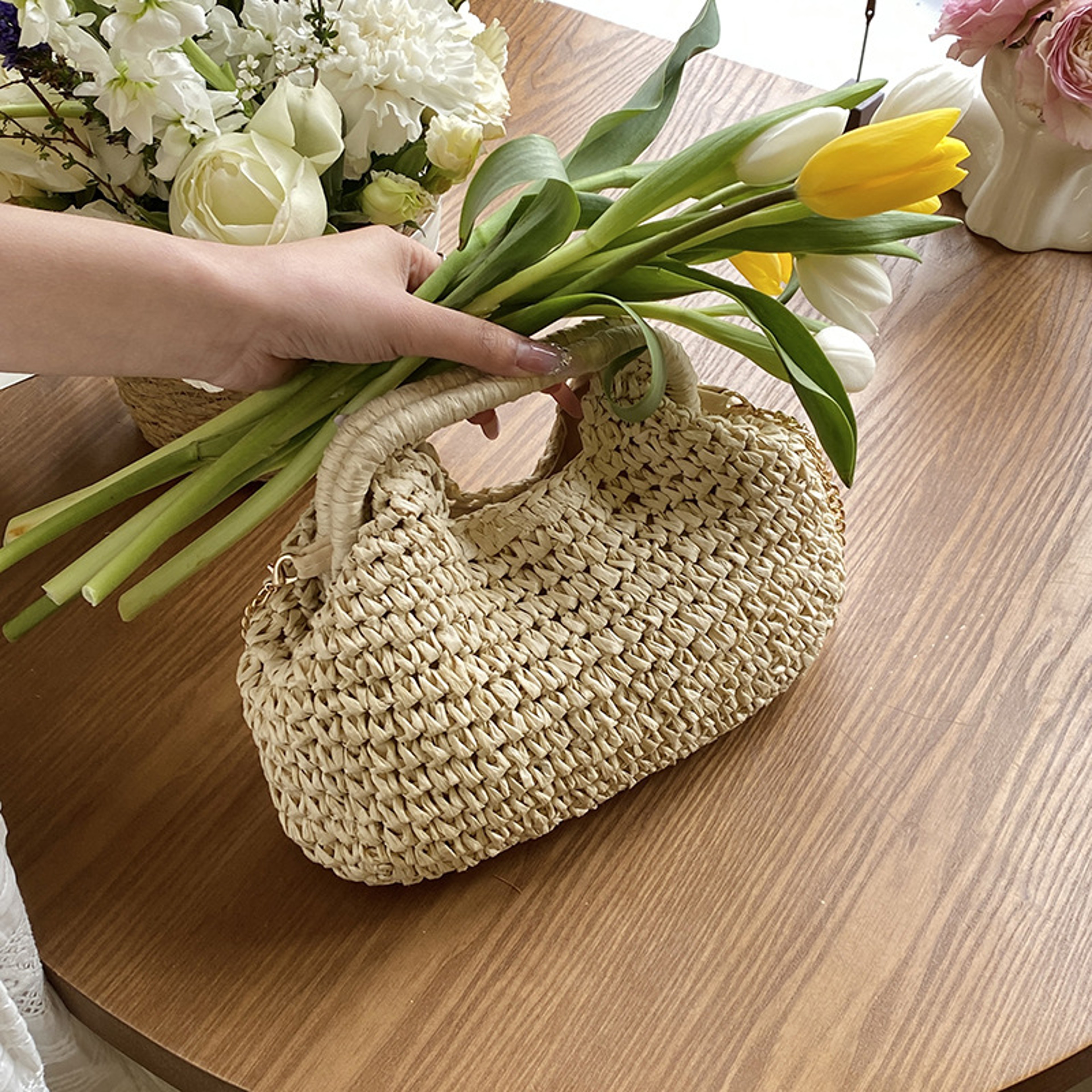 Straw Shell Woven Clutch Bag with Chain Strap – view 1