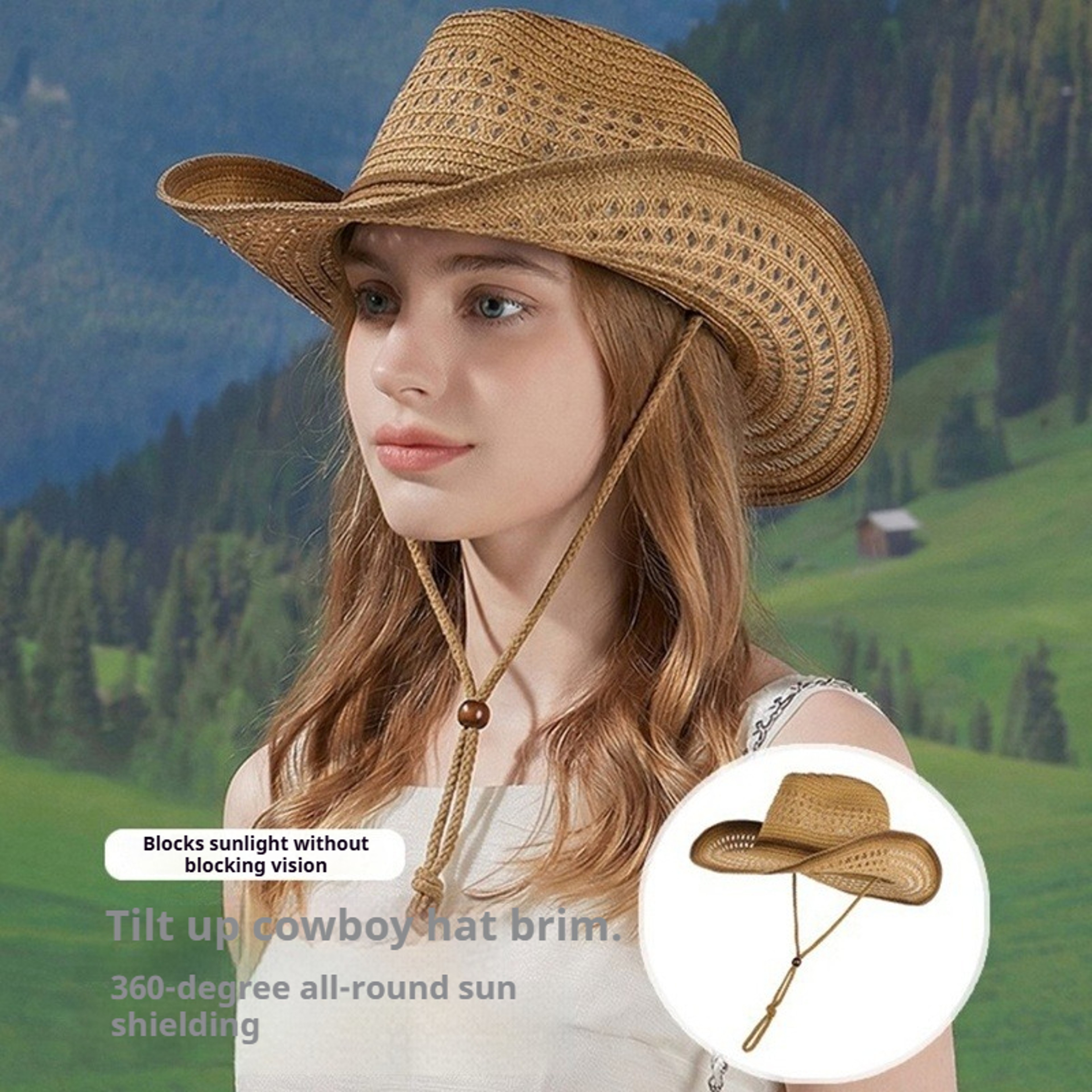 Unisex Western Cowboy Straw Hat Wide-Brim Summer Sun Hat for Beach and Travel – view 1