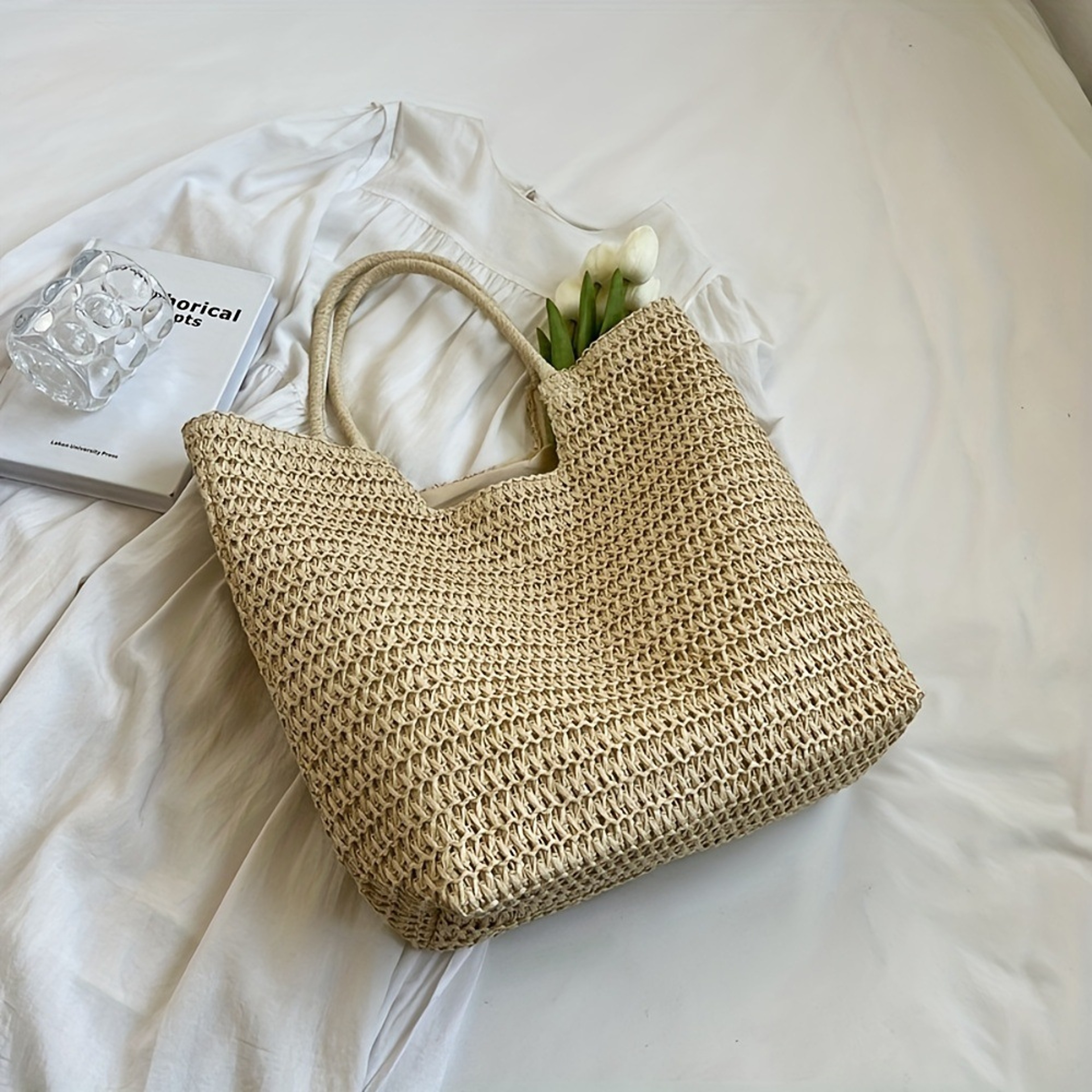 Bohemian Woven Straw Tote: Handmade Vintage Style Summer Beach Bag – view 3
