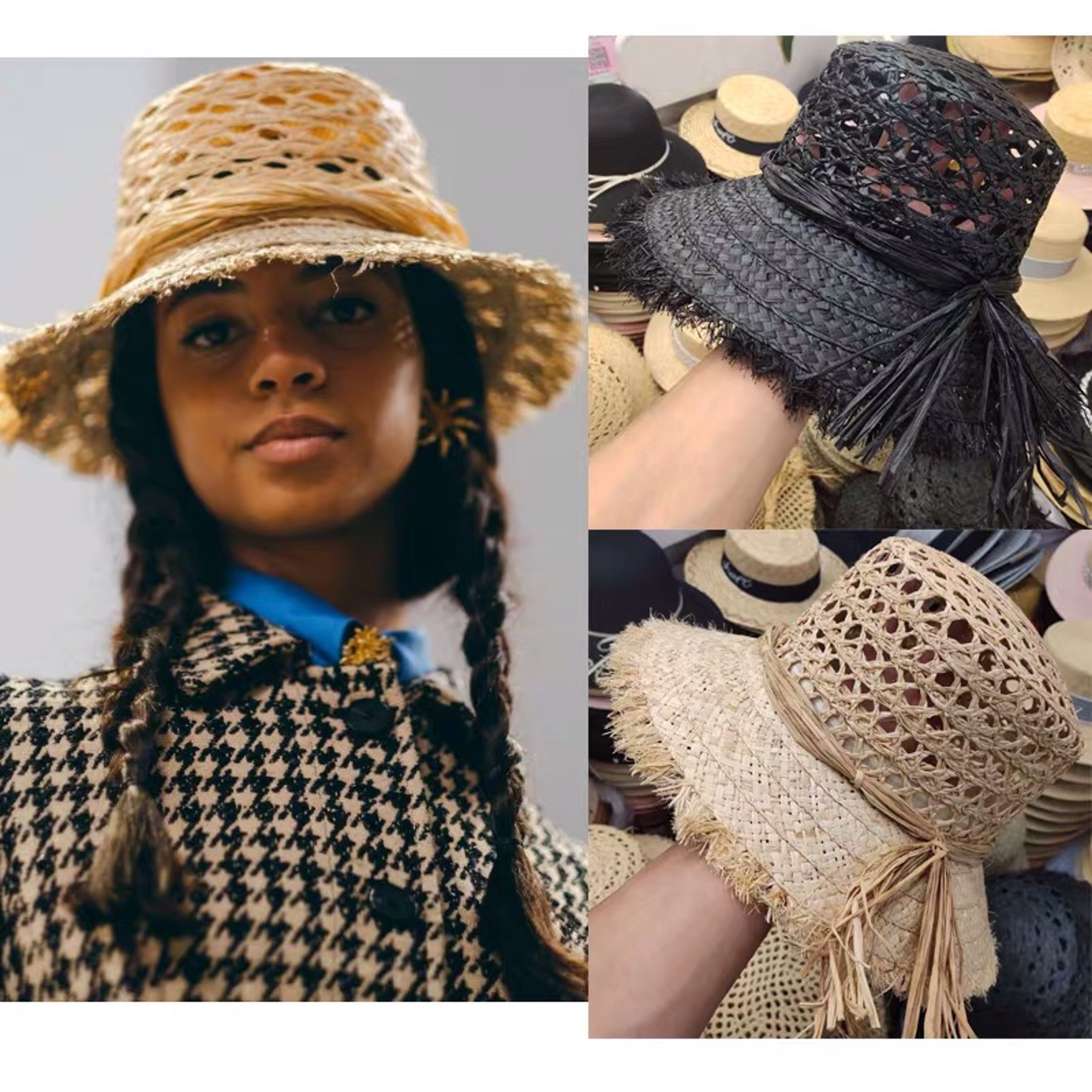 Handmade Raffia Wide Brim Beach Hat Summer Sun Hat Packable Straw Fedora – view 4