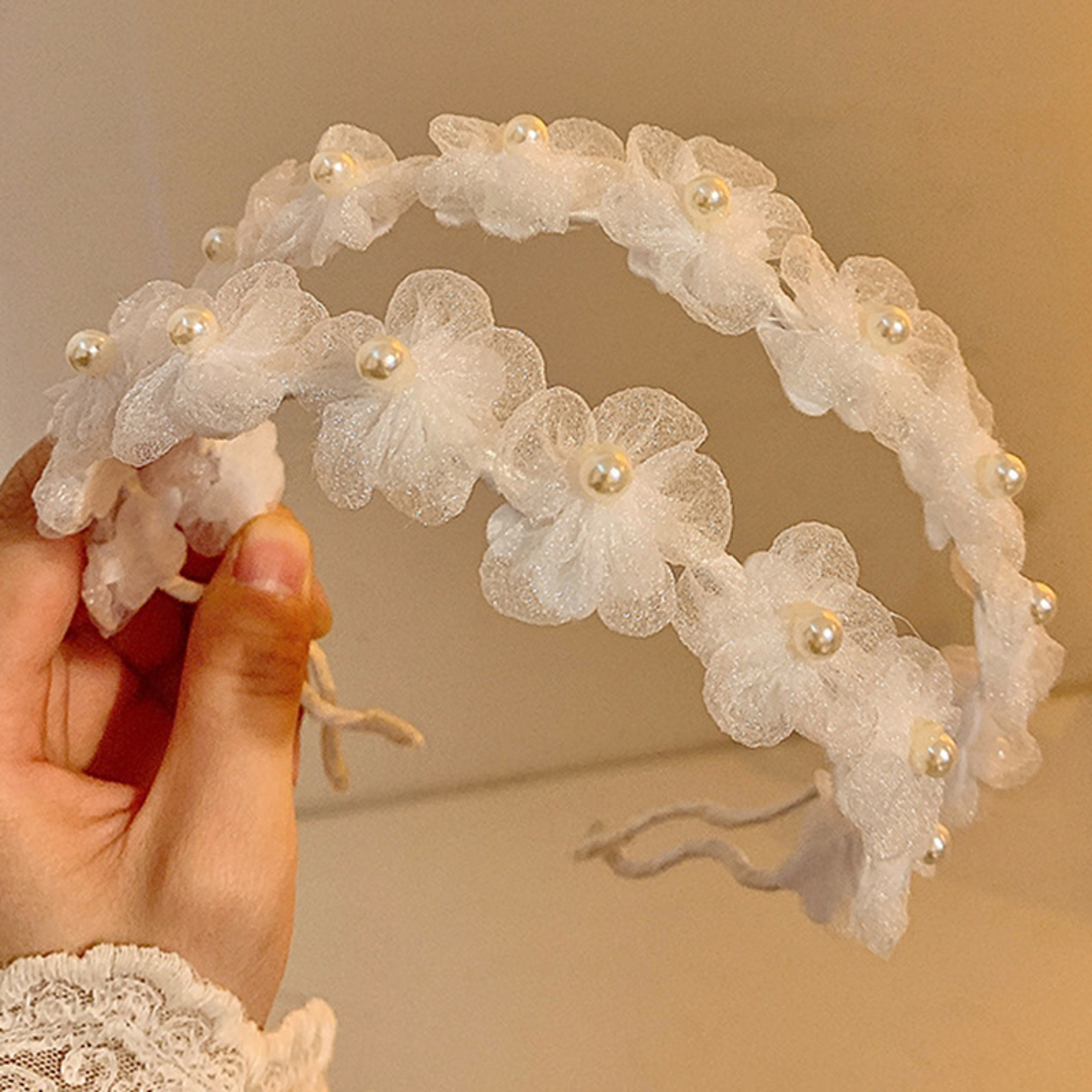 Elegant Pearl Flower Headband for Bridal and Fairy Aesthetic Hair Styling – view 5