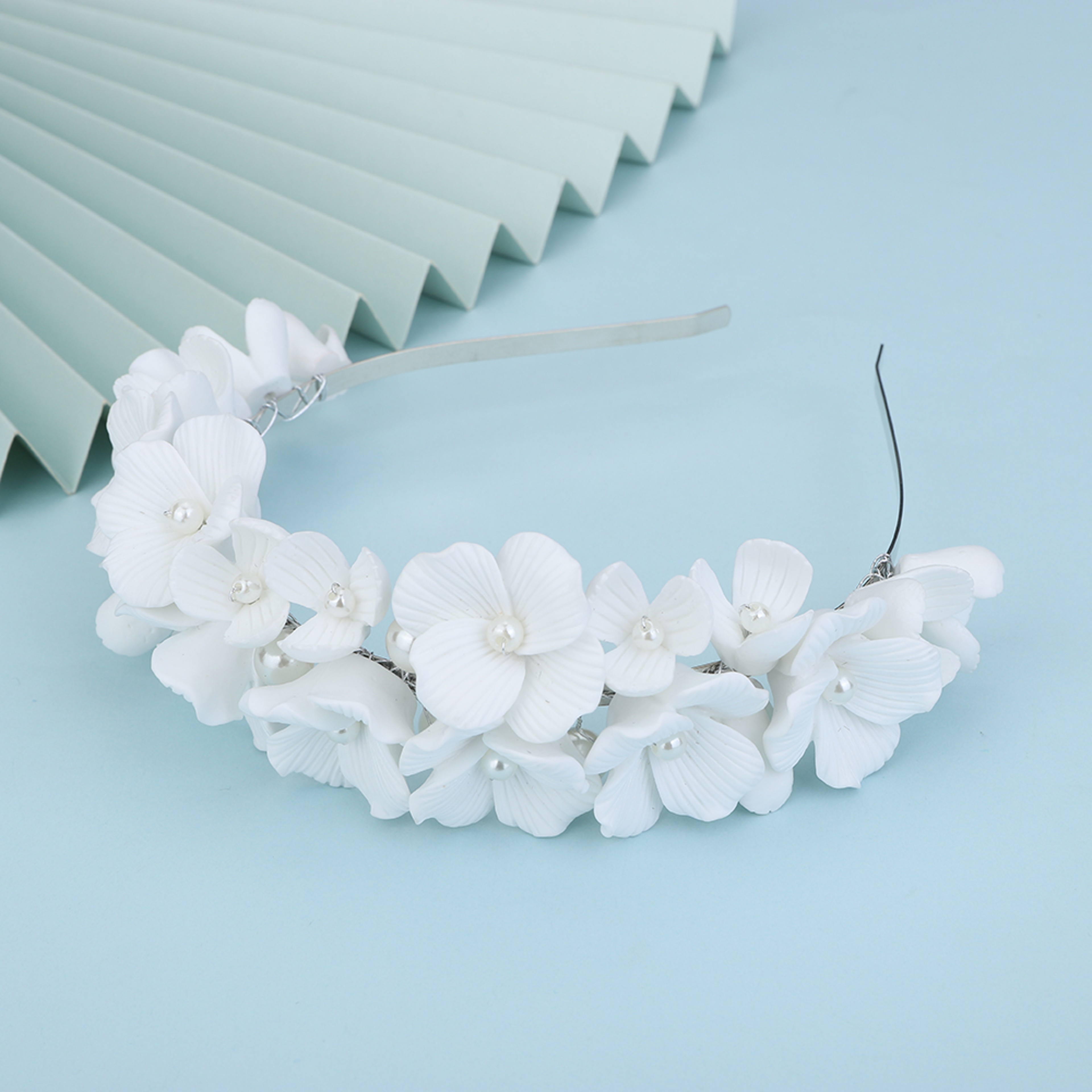 Handmade Bridal Flower Crown with Pearls – Elegant Floral Wedding Headpiece & Pearl Tiara for Brides – view 2