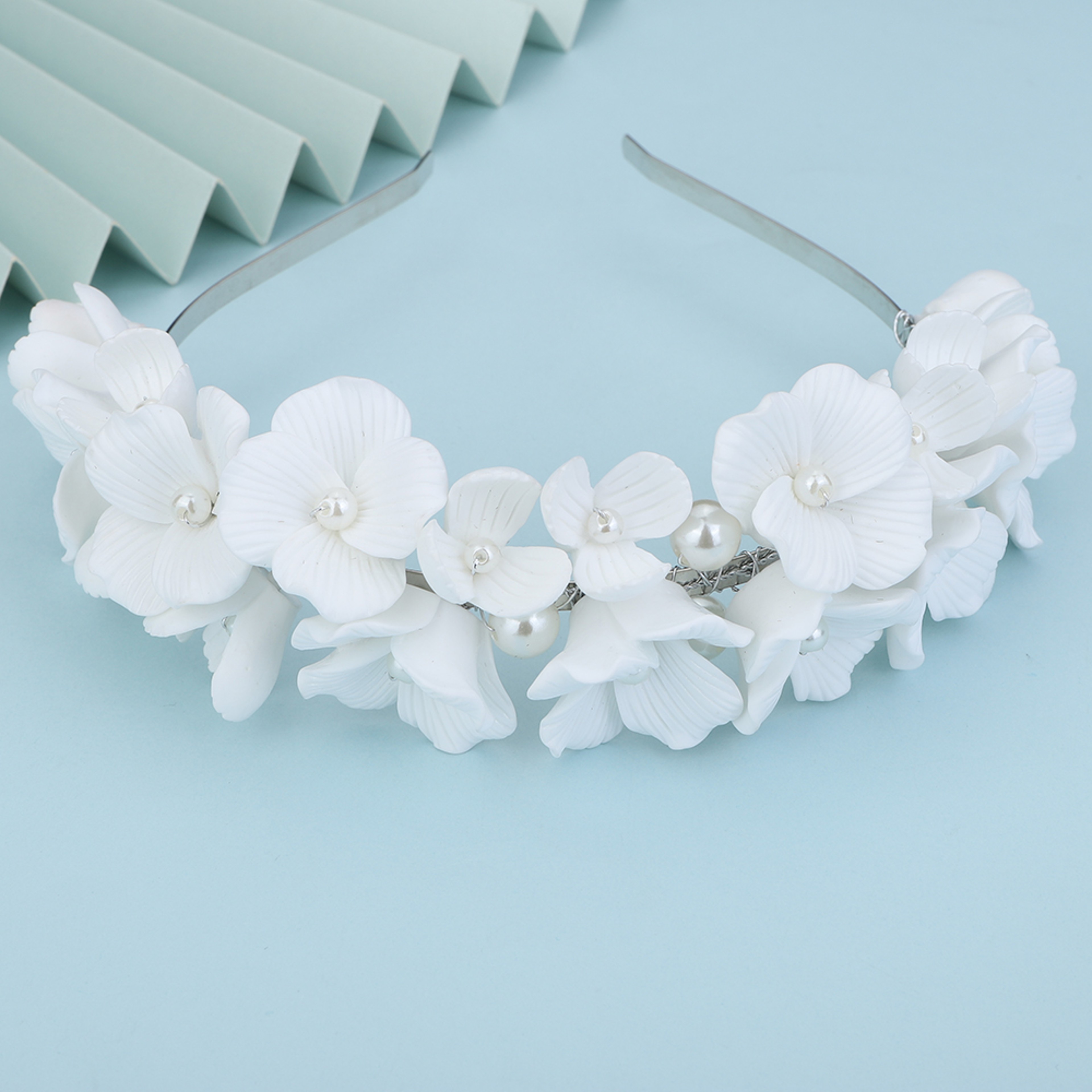 Handmade Bridal Flower Crown with Pearls – Elegant Floral Wedding Headpiece & Pearl Tiara for Brides – view 8