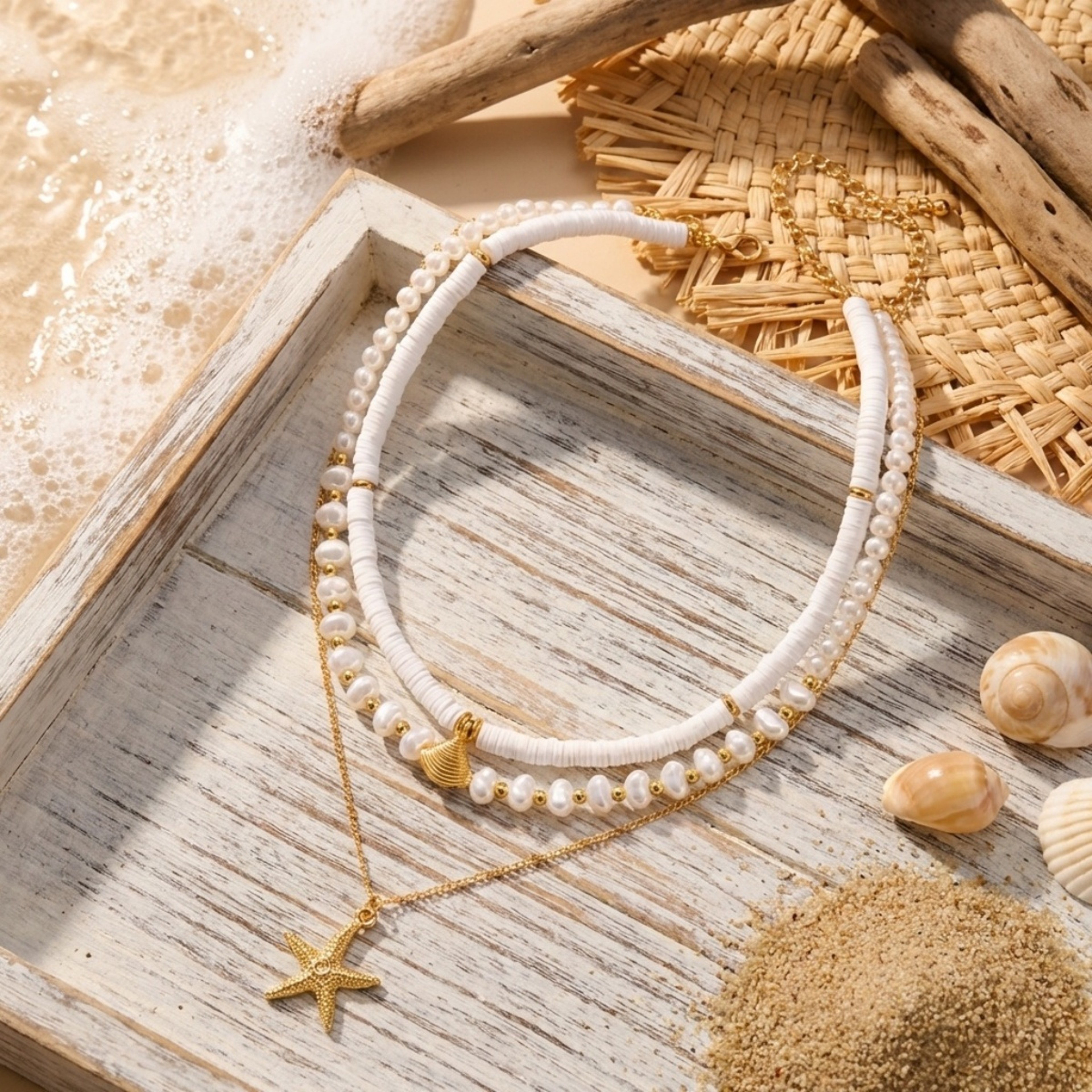 Layered Imitation Pearl and Shell Choker Necklace – Boho Ocean Inspired Pendant Jewelry Gift – view 3