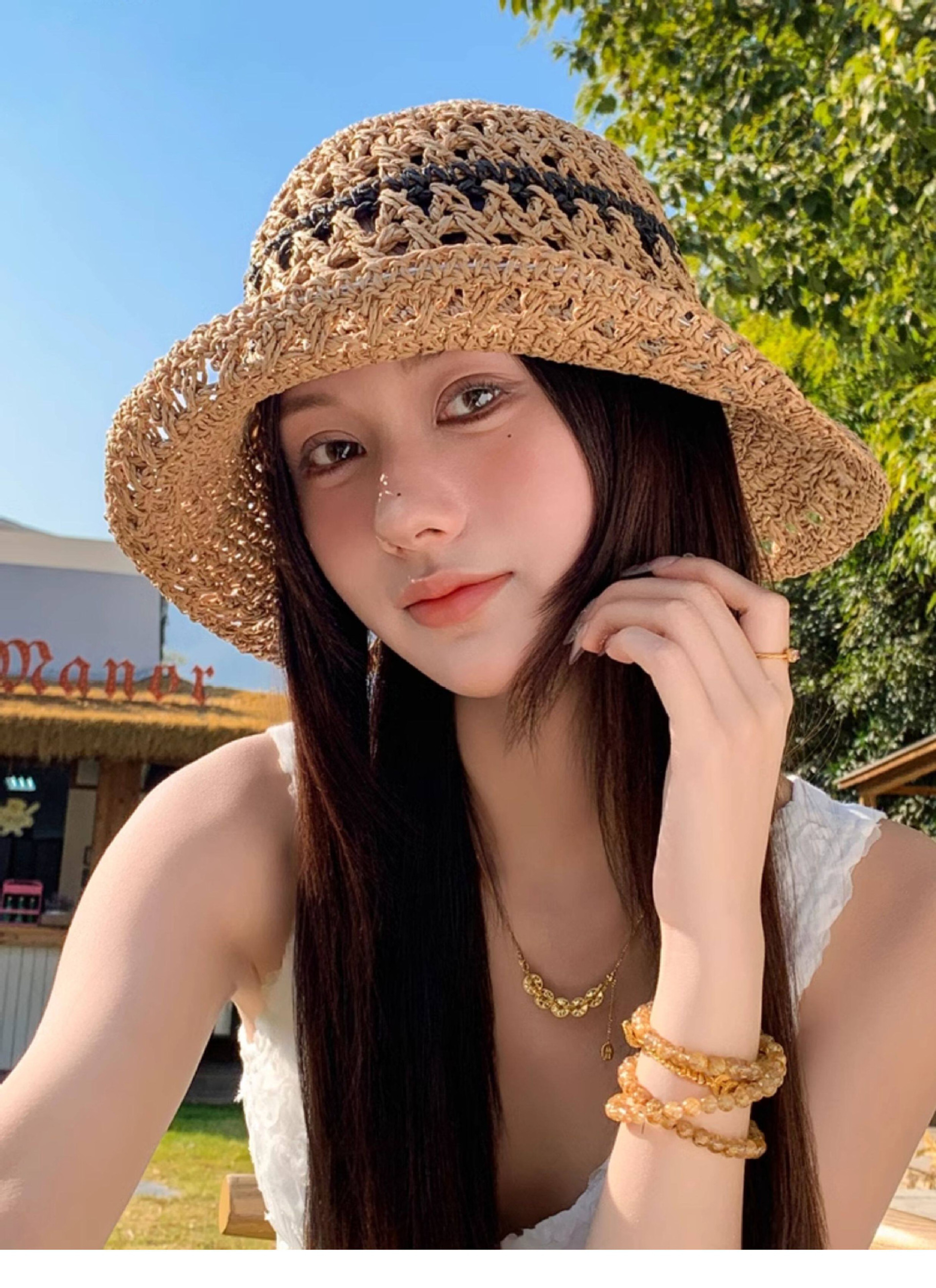 Striped Openwork Knitted Straw Bucket Hat Breathable Summer Beach Hat for Women Lightweight Packable Travel Accessory – view 2
