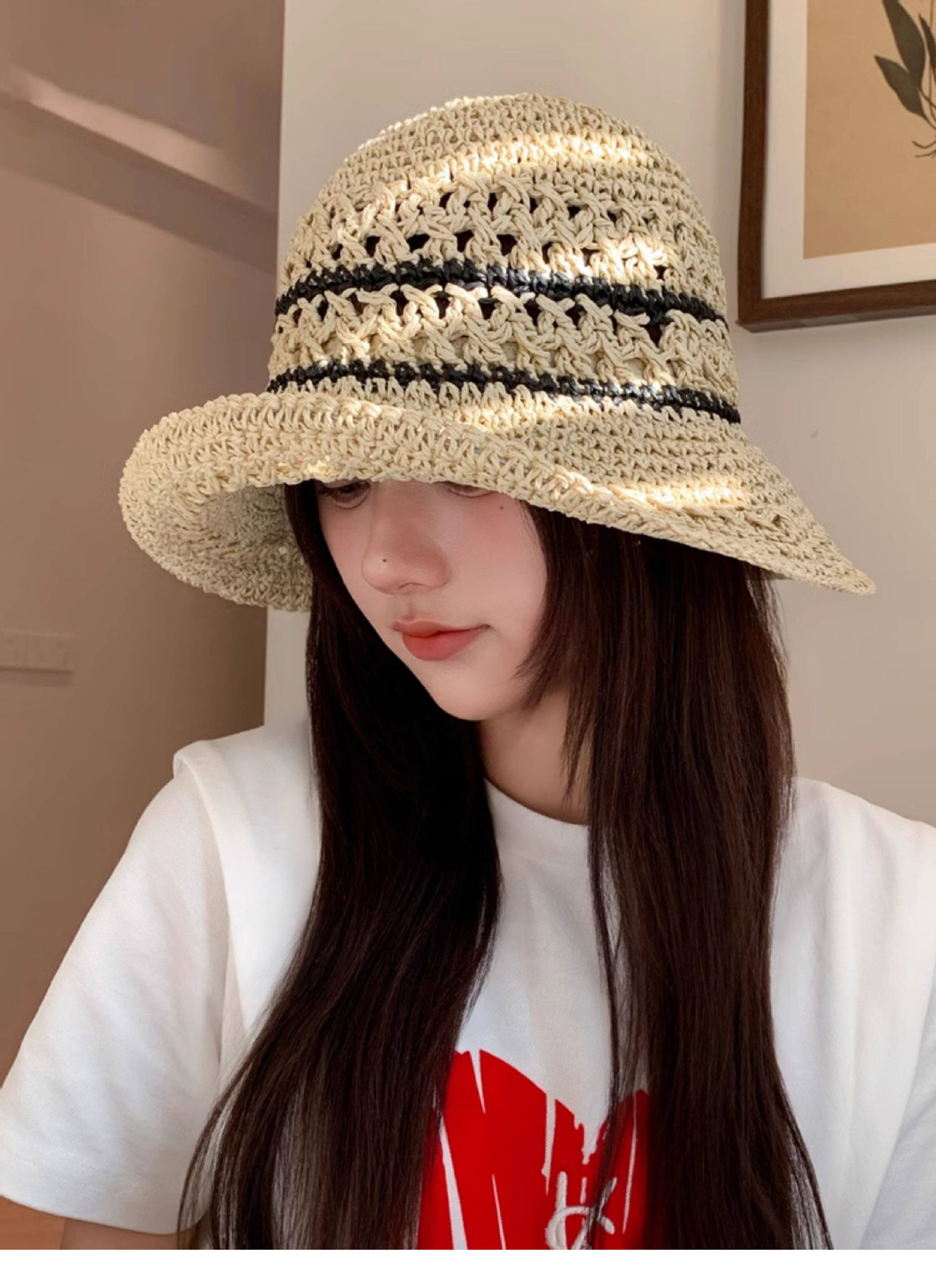 Striped Openwork Knitted Straw Bucket Hat Breathable Summer Beach Hat for Women Lightweight Packable Travel Accessory – view 5