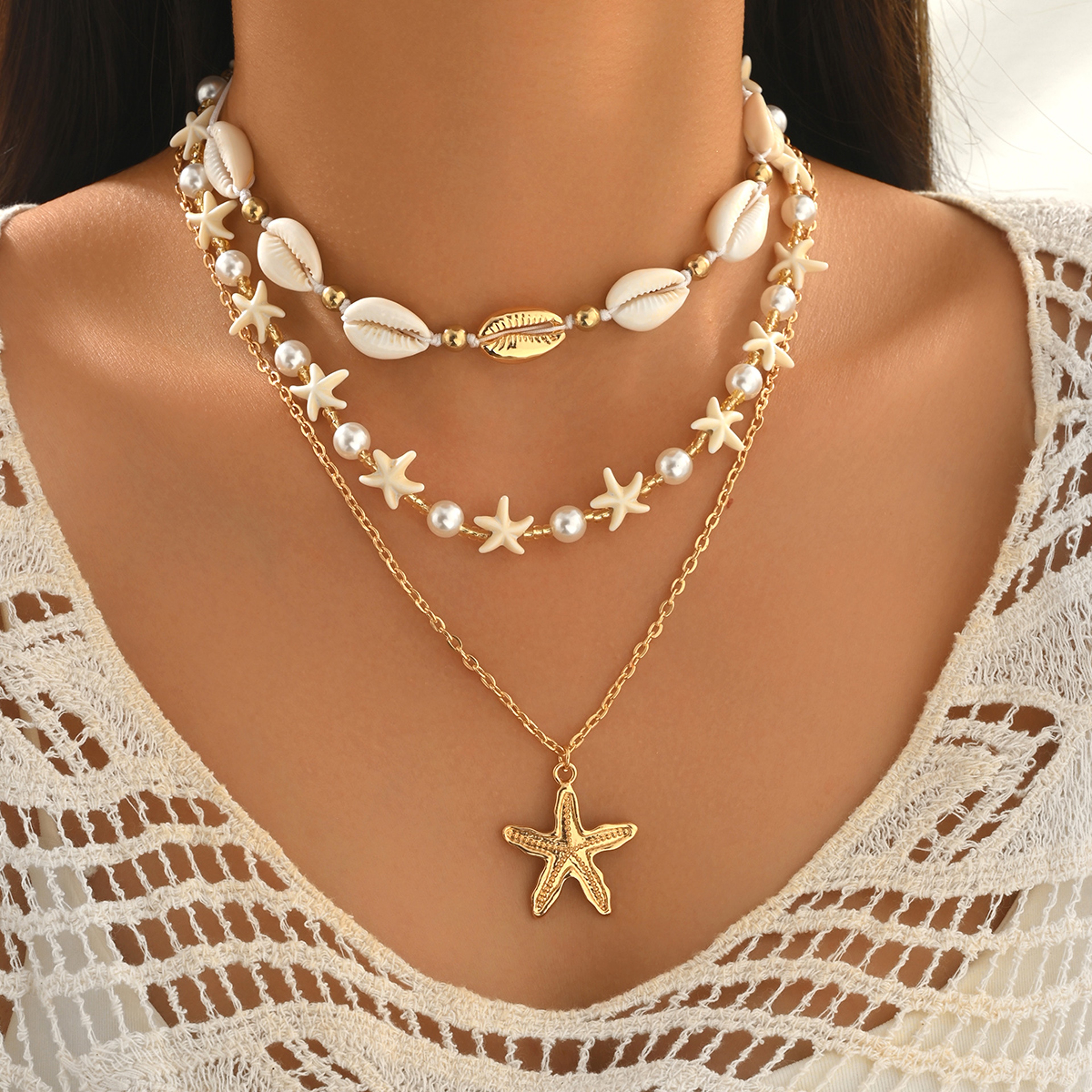 Layered Cowrie Shell Starfish Imitate Pearl Necklace Boho Summer Beach Vacation Daily Jewelry – view 2