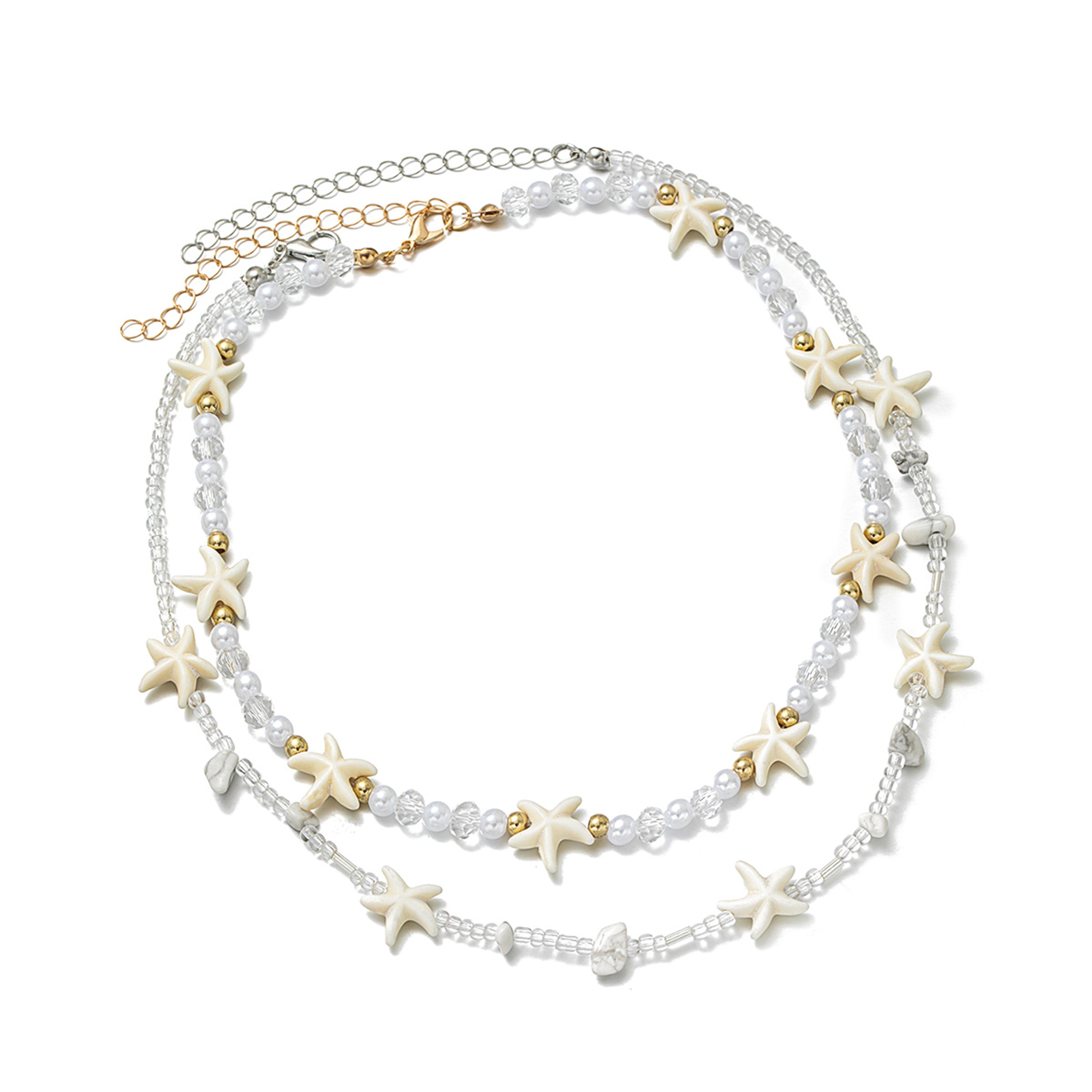 Double-Layer Starfish Necklace and Pearl Beaded Choker – Seaside Vacation Style Gold Chain – view 3
