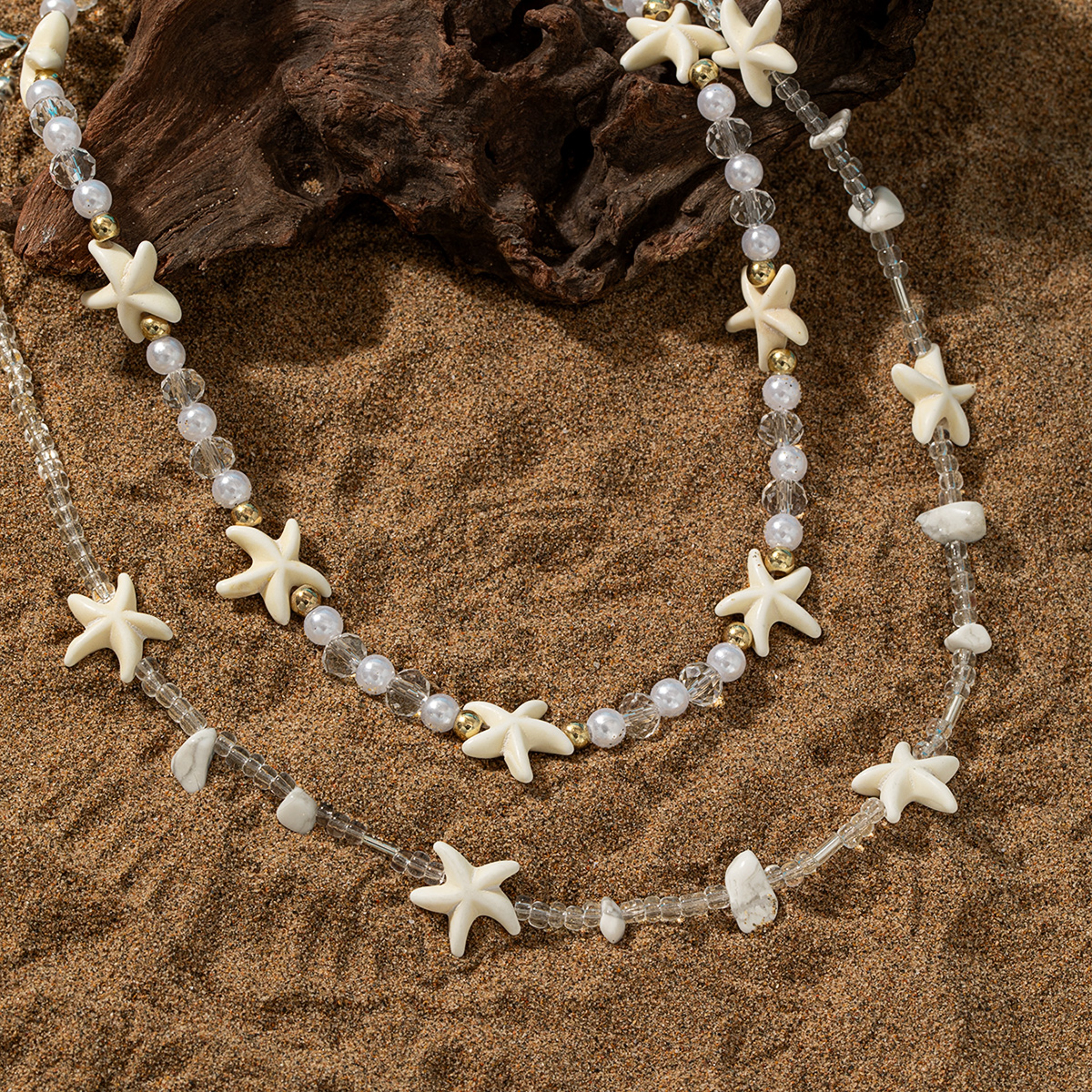 Double-Layer Starfish Necklace and Pearl Beaded Choker – Seaside Vacation Style Gold Chain – view 5