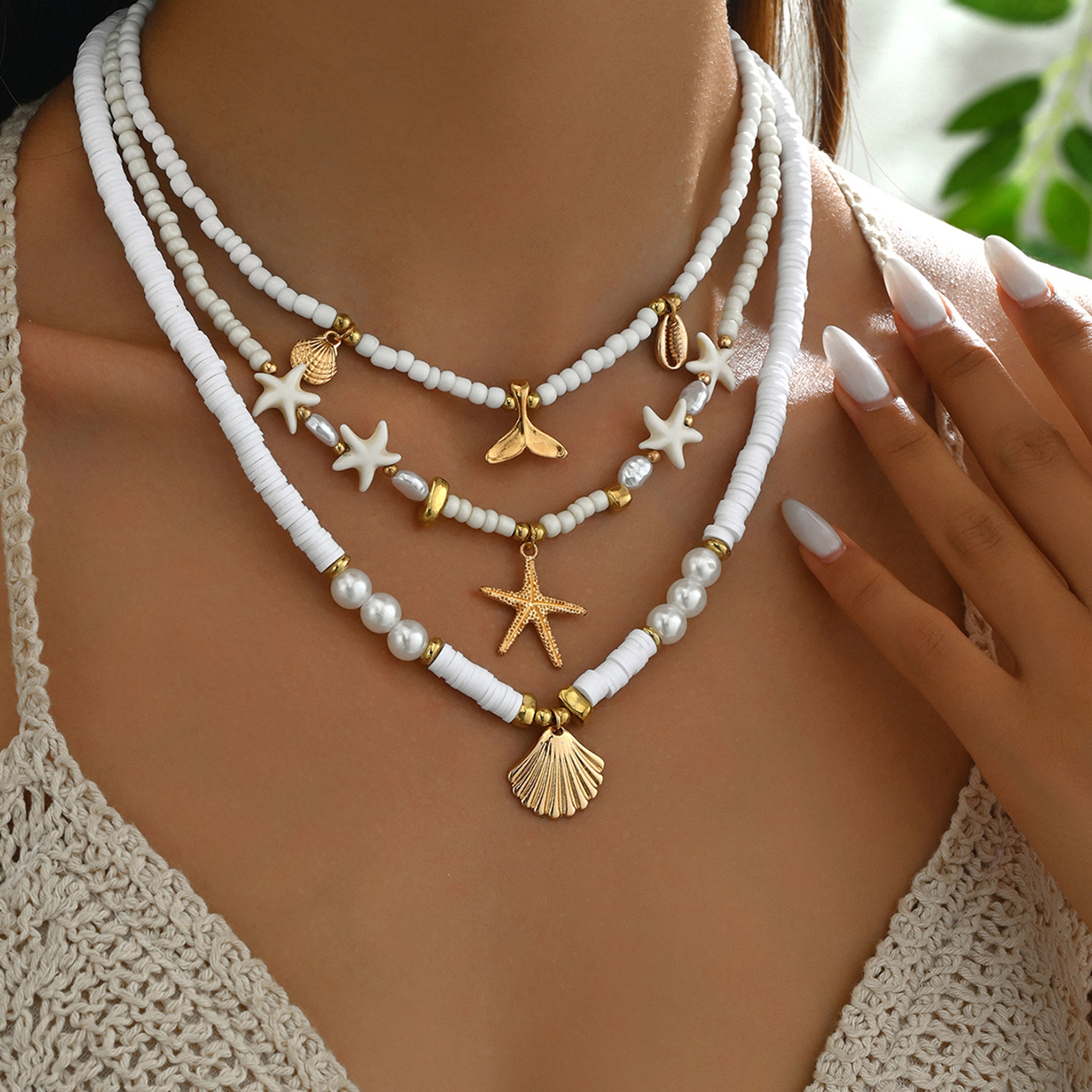 Layered Boho Beach Jewelry Set Ocean Inspired Starfish Shell and Pearl Pendant Necklace for Summer Vacation – view 3